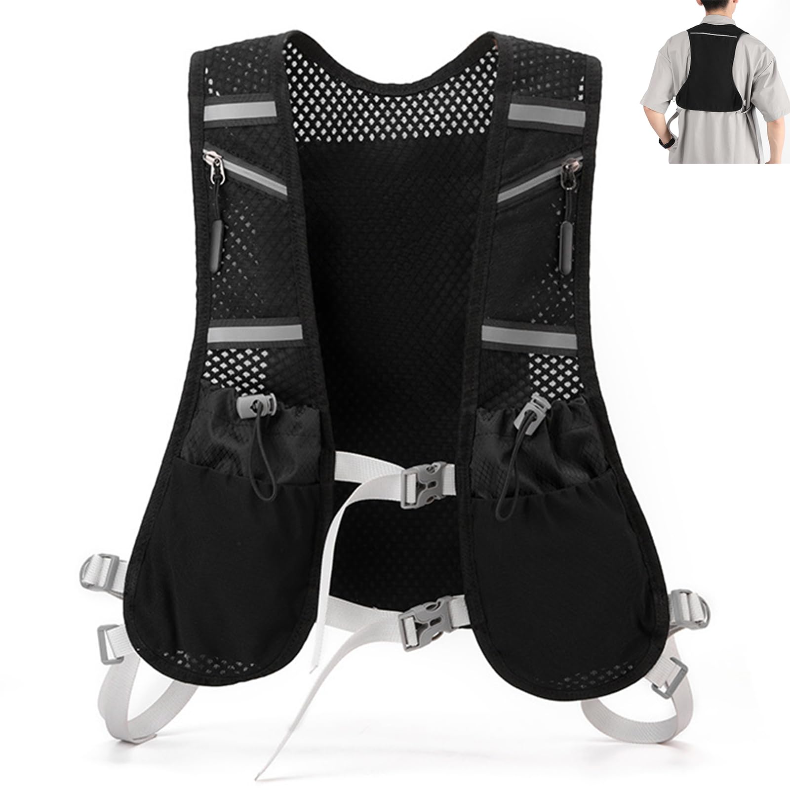 Running Vest，Running Backpacks Functional Running Vest Hydration Vest for Men & Women, Breathable Running Backpack, Reflective Strips, Phone Holder, Water bottle Holder - Black