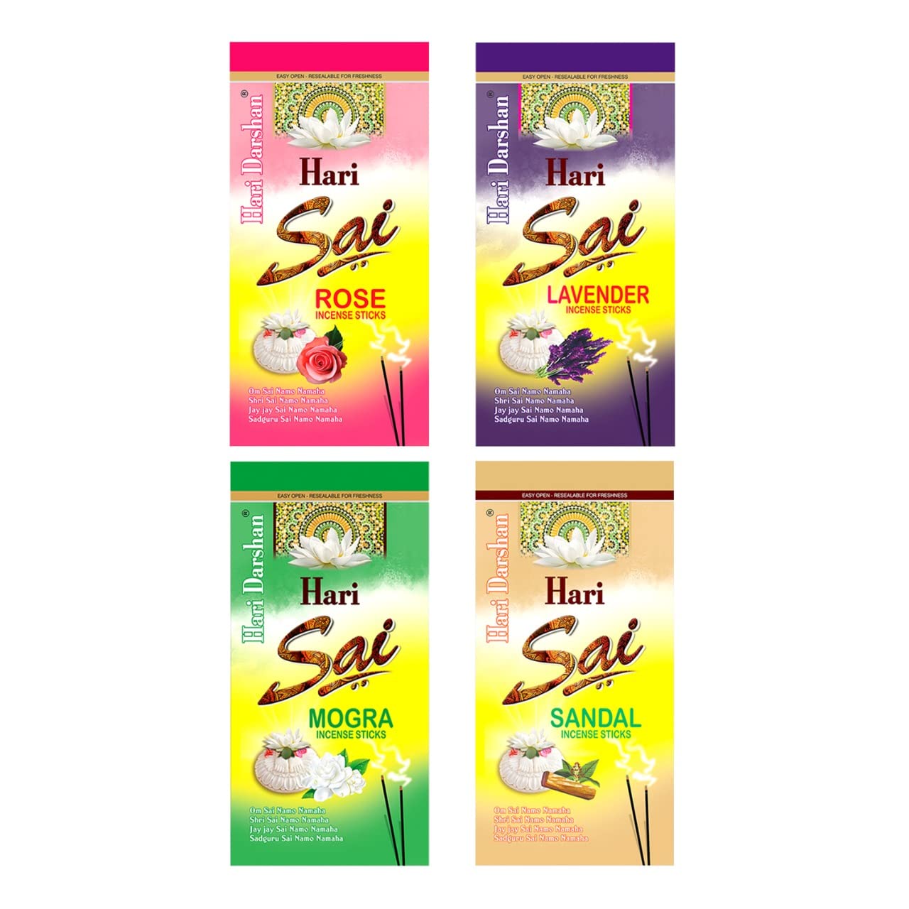 Hari Darshan Hari Sai Combo Agarbatti| Sandal | Lavender | Mogra | Rose | Long Incense Sticks Agarbatti | Premium Fragrance for Daily Pooja, Havan, Meditation & Yoga | Pack of 4-400 Sticks