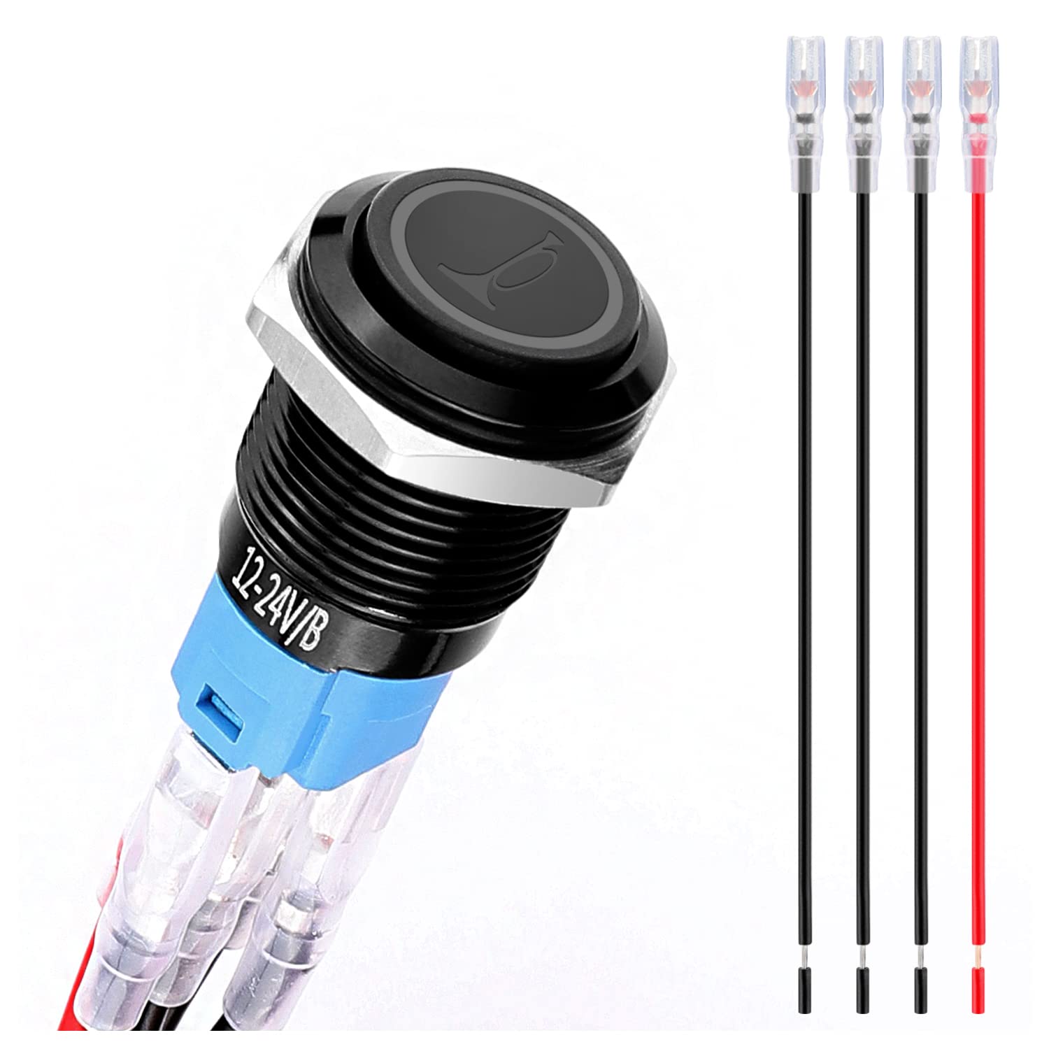 16MM 12Volt Momentary Switch with Blue LED for Horn Button Switch,Speaker Push Button,Waterproof 5A/250AC ON/NC 5 Terminals with Pre-wiring Wires SPDT Switch for Car Marine Boat