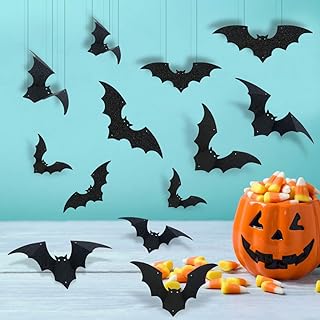 24Pcs Black Glitter Hanging Bats Garland and Bats Wall Decals-Hanging Bat Decorations,Bat Party Supplies,Halloween Party Decorations,Flying Bats Halloween,Bat Garland