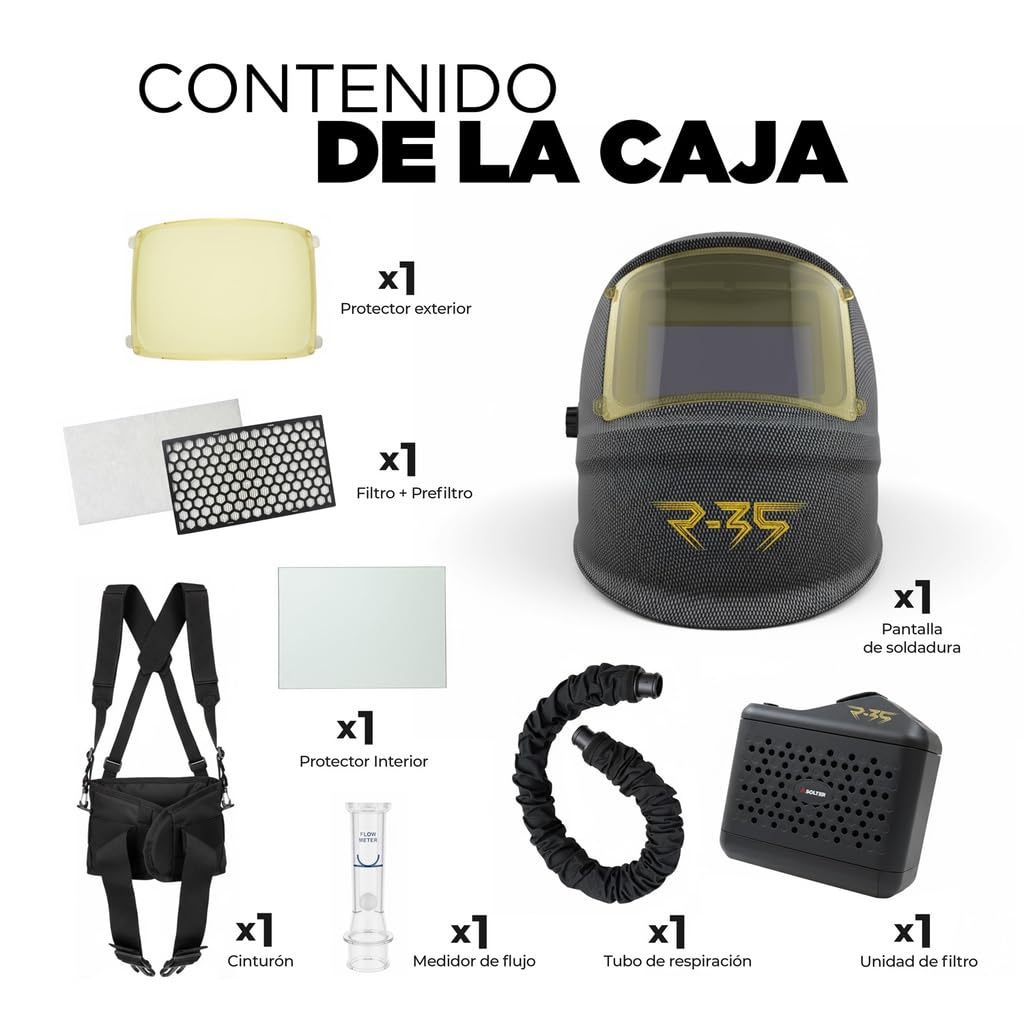 Solter HELLMET R-35 FLOW, pantalla automática con PAPR TH3P, visor 116×81 mm, DIN 4–8/9–13, caudal 170/200/230 L/min, 4+1 sensores, protección respiratoria activa para soldadura y amolado