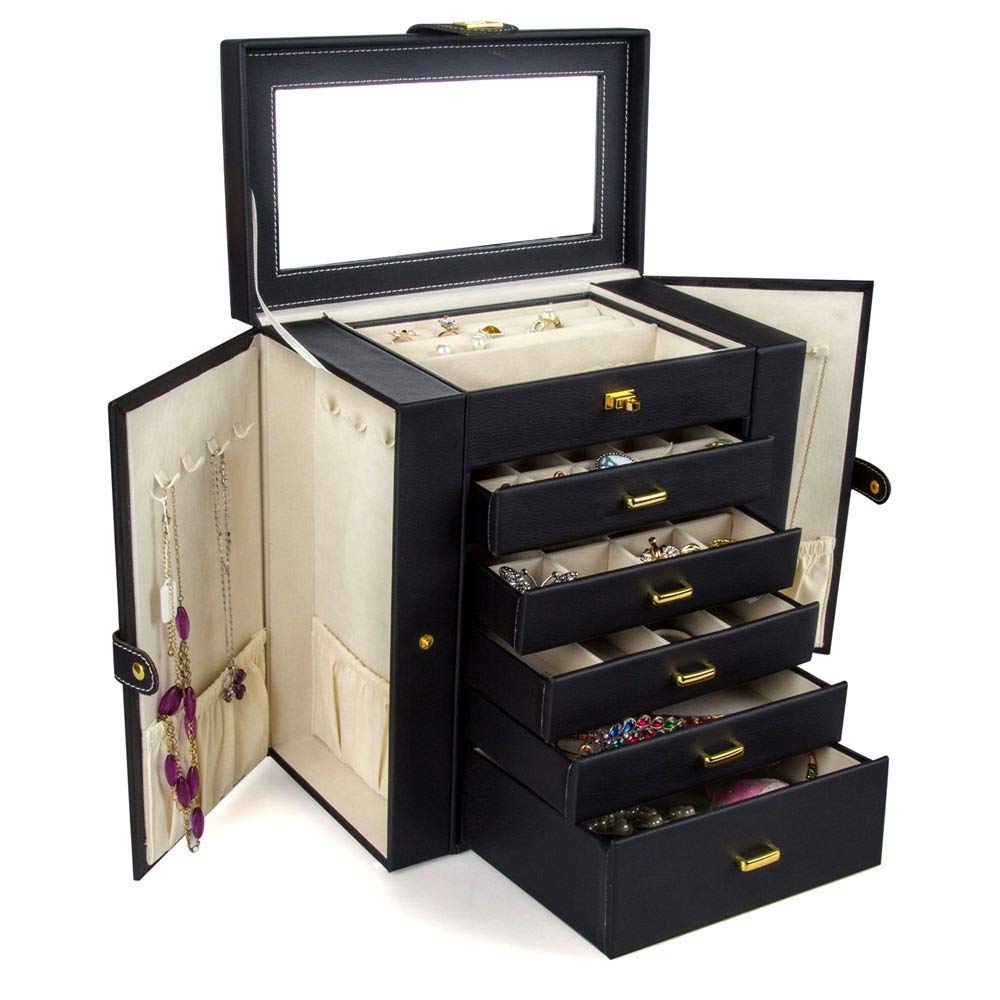 Caja de Almacenamiento de Joyas de Cuero Negro para Collares. Ofrece Cuatro Capas con Cierre de Seguridad para Guardar Joyas.