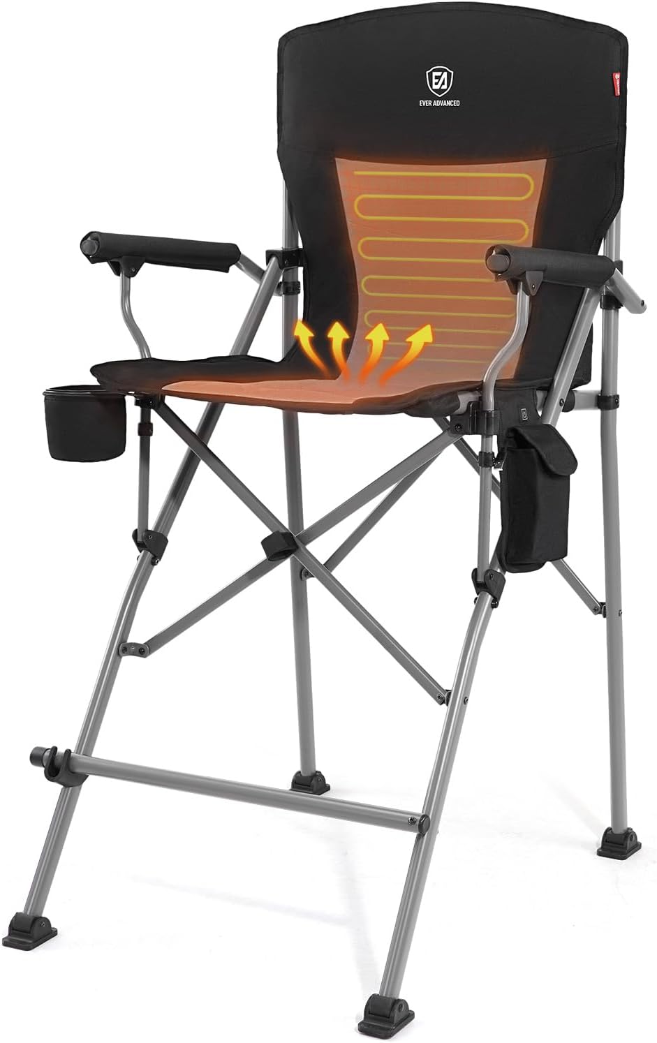 EVER ADVANCED Heated Camping Chairs, Tall Directors Chair with Cup Holder 31", Bar Height Heated Folding Chair for Camping, Mesh Pockets and Footrest, Heavy Duty 300 lbs, Black (Power Bank Excluded) Black Heated