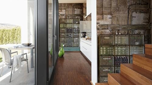 Miniatura 6 de CONCORD WALLCOVERINGS  Mural de pared abstracto para dormitorio, maquinaria retro, gris, verde, beige, 63 pulgadas de ancho x 110 pulgadas de alto,