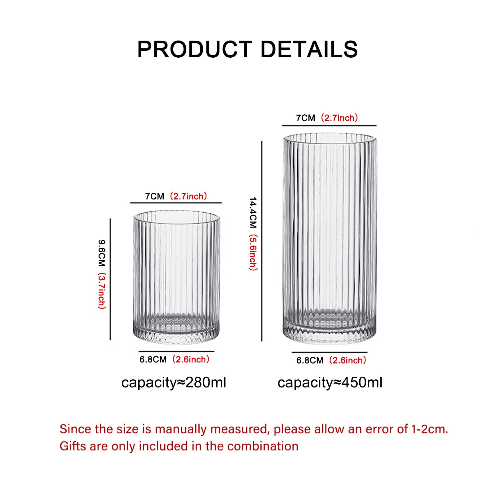 Glass Cups Vintage Glassware Set of 4 Small, Origami Style Transparent Cocktail Glasses Set, Bar Beverages Ice Coffee Cup Juice Ripple Drinkware, 280ml (S)