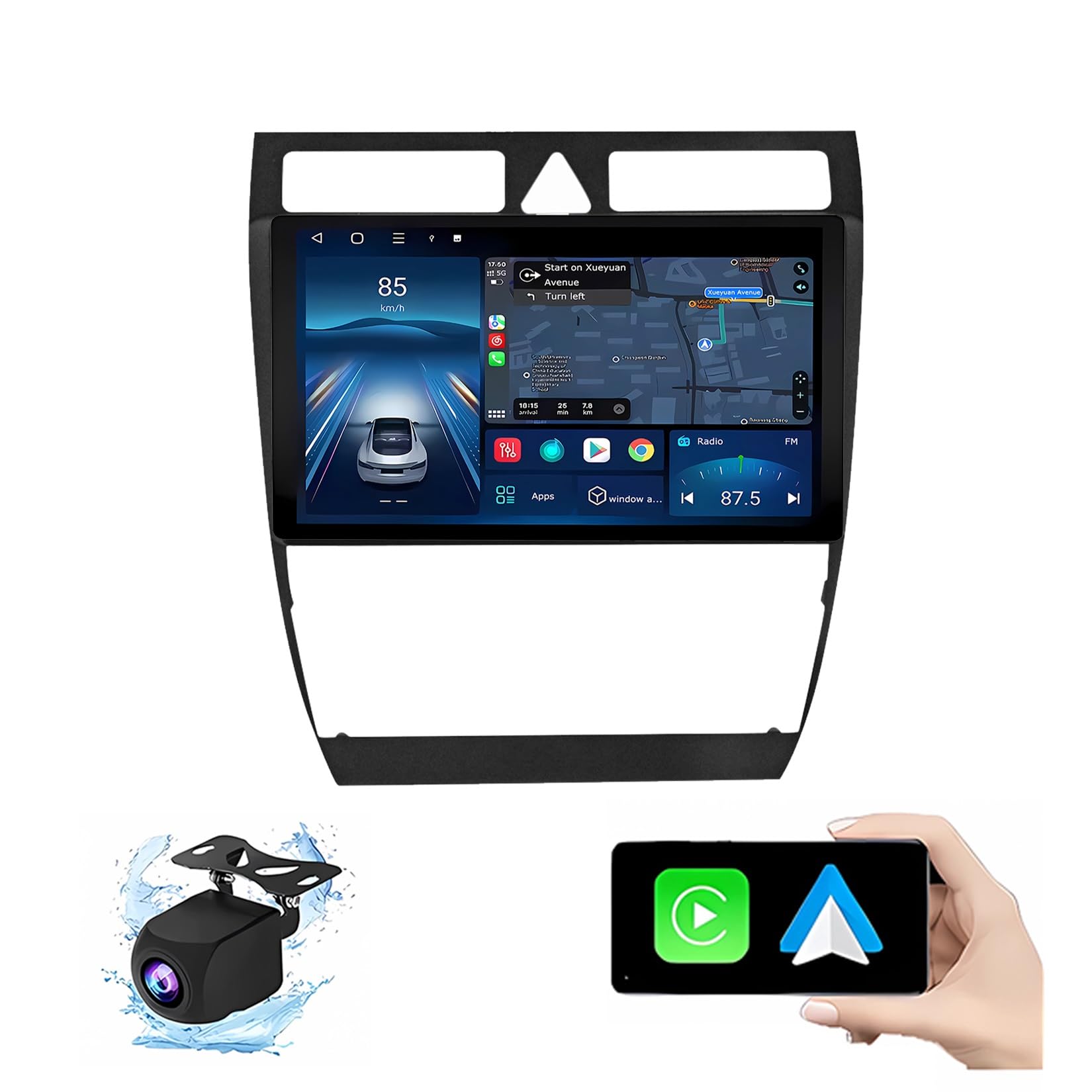 Generico Schermo Android Auto Carplay, autoradio Android 14 Doppio DIN da 9 Pollici con Touchscreen per Au-di A6 S6 1999-2004 con Carplay, Navigazione GPS, Telecamera di Backup AHD, comandi al Volant