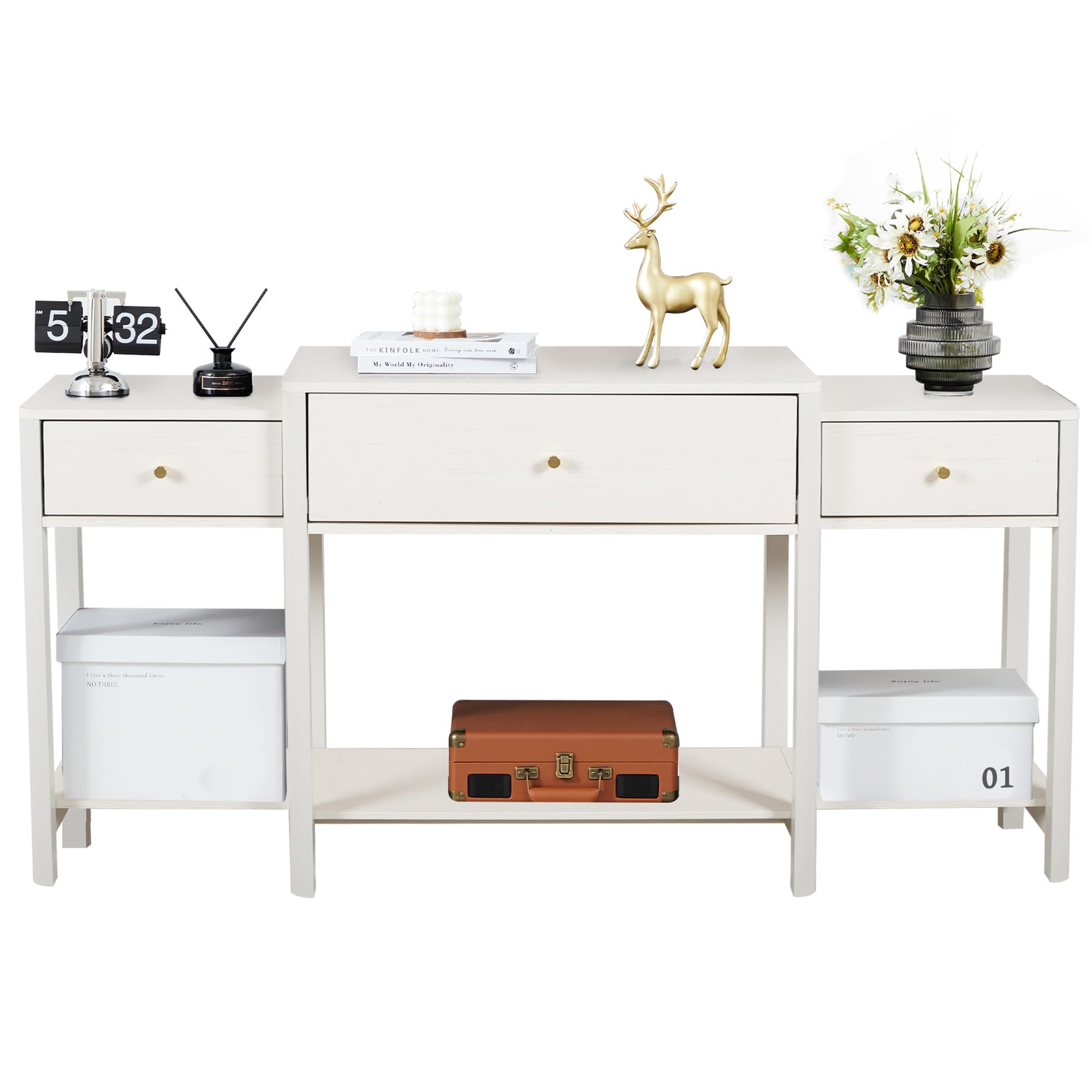 Tavolo d'ingresso con 3 cassetti in legno – moderno tavolino consolle per l'ingresso, organizer di archiviazione per il corridoio, moderno tavolino con accento con ripiano inferiore (Bianco