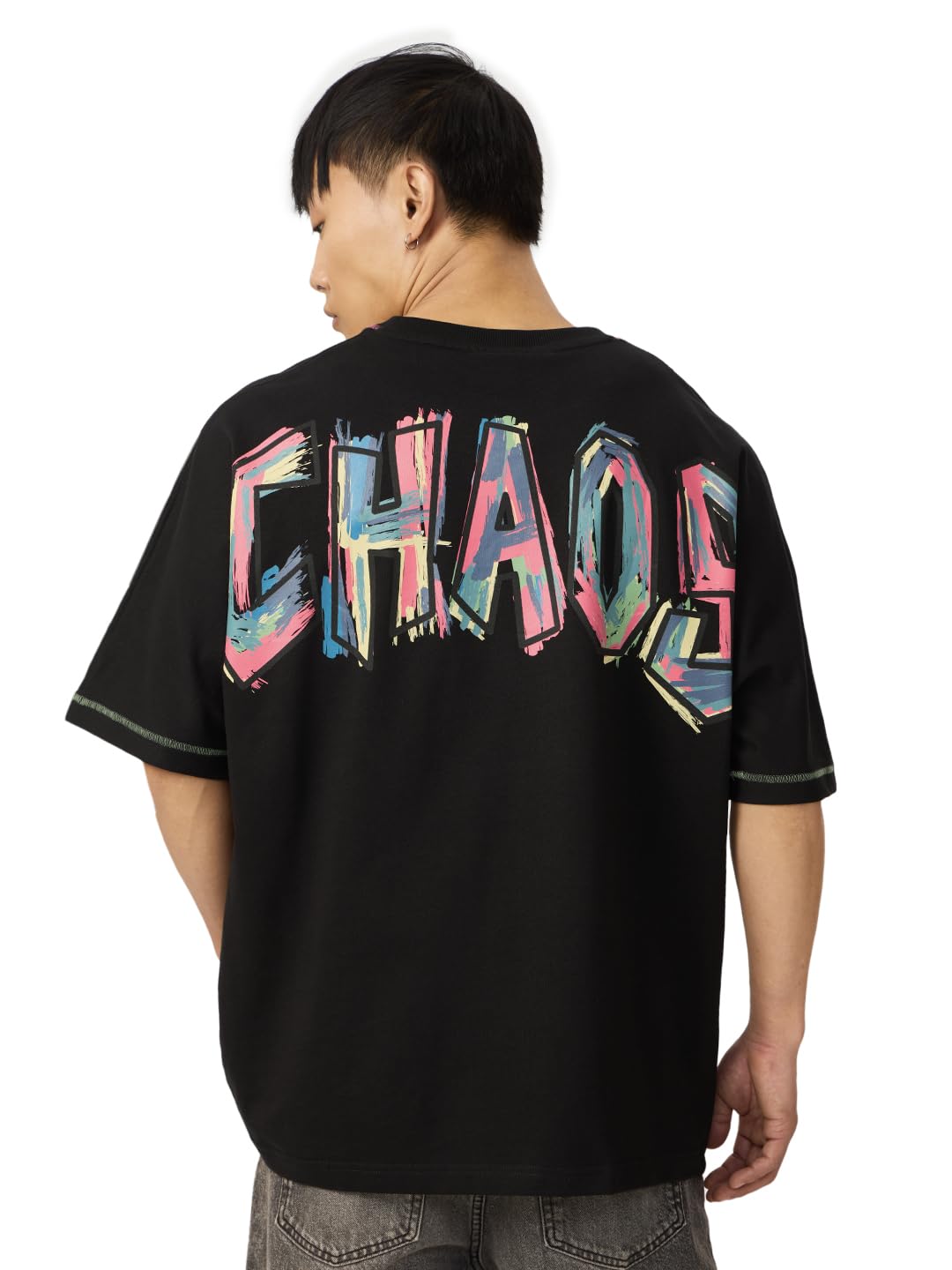 the souled store Chaos Men and Boys Short Sleeves Round Neck Black Graphic Printed Cotton Super Oversized T-Shirts-picture-34