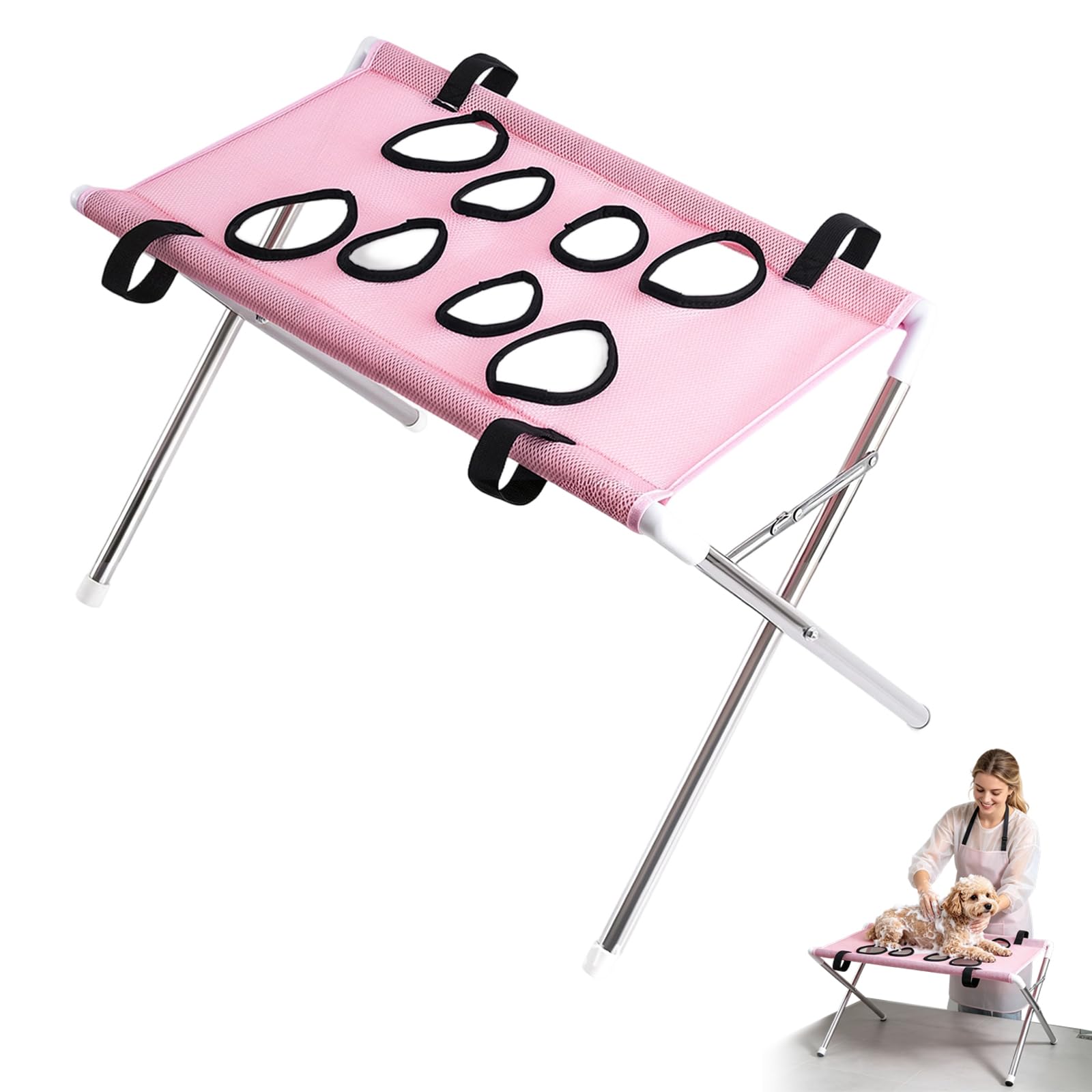 Pet Grooming Hammock with Stable Stainless Steel Frame & Quick-Dry Mesh, Support Rectangular Wash Station, Foldable Pet Grooming Sling for Trimming, Bathing, Brushing, Small Pets (Pink)