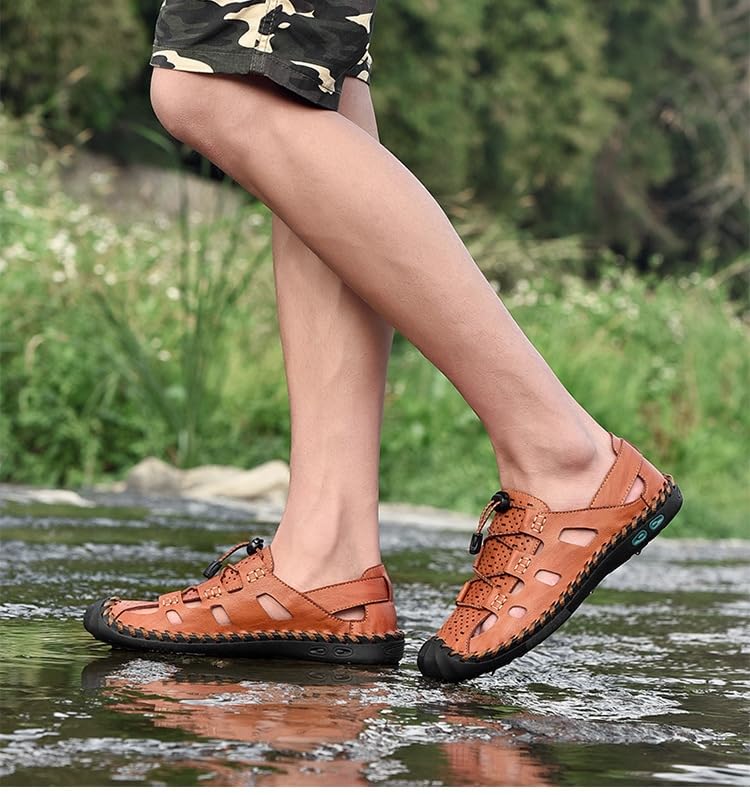 Men's large-sized breathable mesh open-toe sandals, casual and fashionable bag-style design, hiking and beach shoes, brown and black colors3