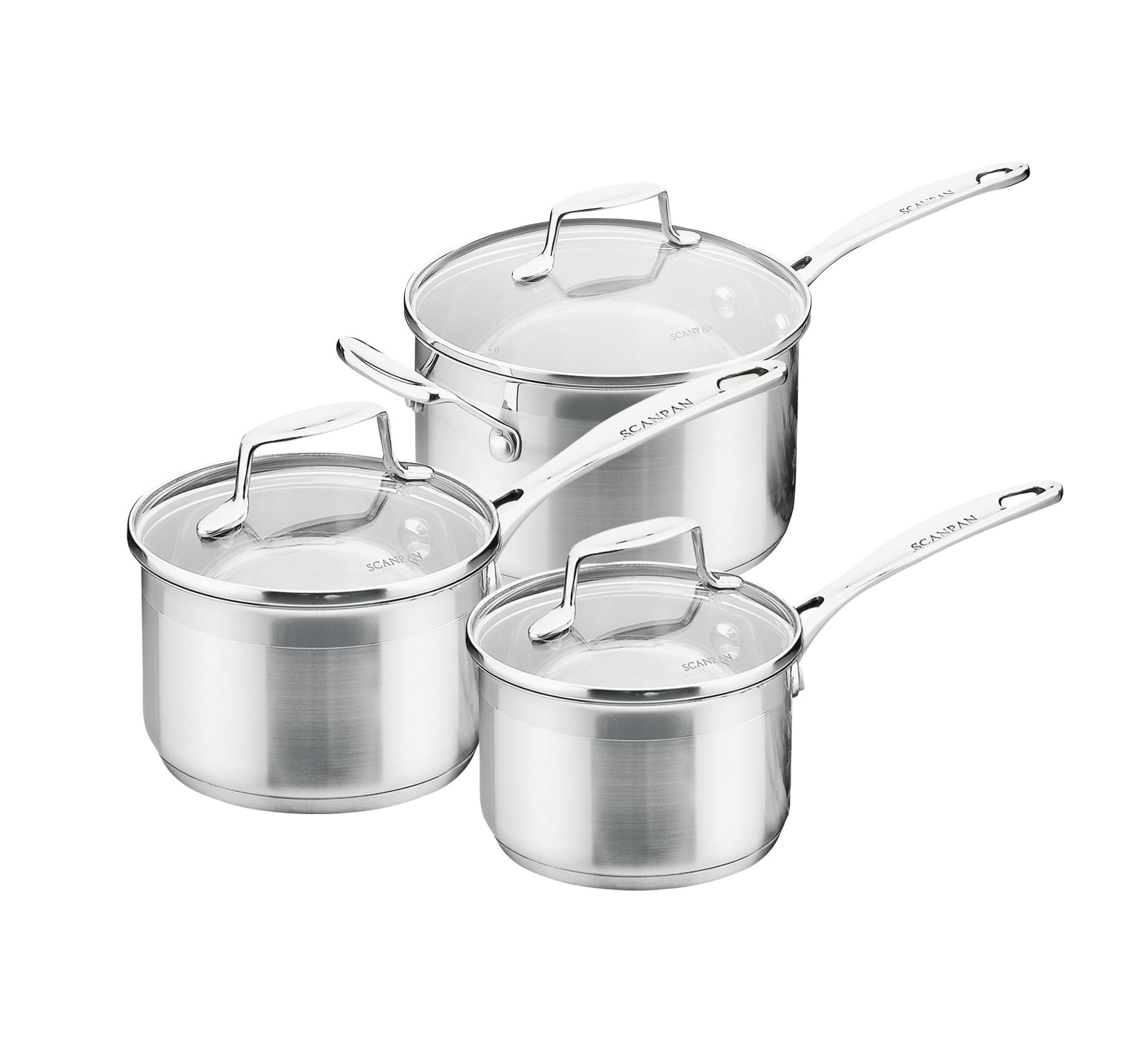SCANPAN Impact 71060000 – 1.8L, 2.5L, 3.5L Stainless Steel Set of 3 Saucepans with Lid