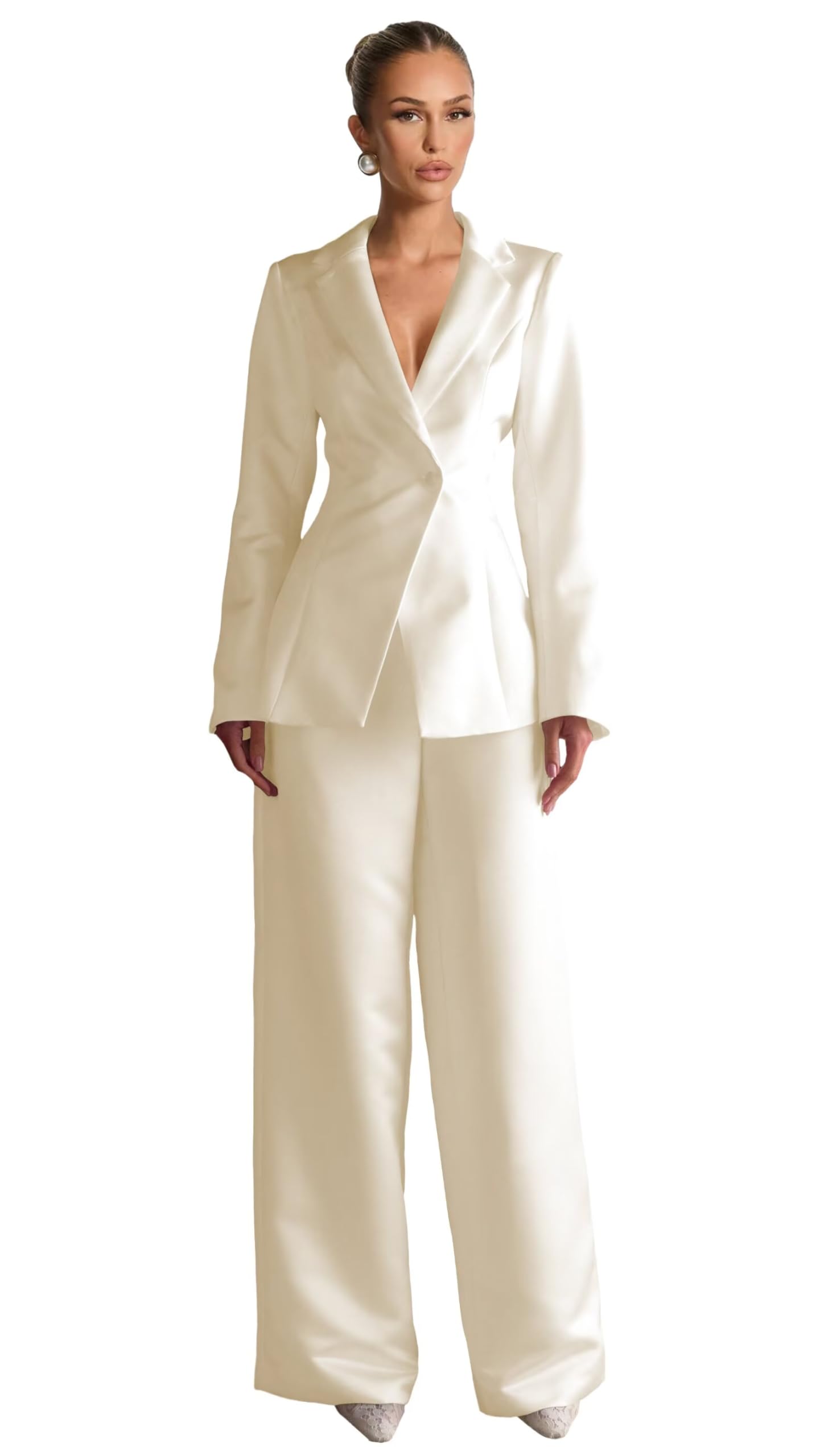 Suits for Women 2 Piece 1 Button Open Back Womens Suit Long Sleeve Womens Pant Suit Wide Leg