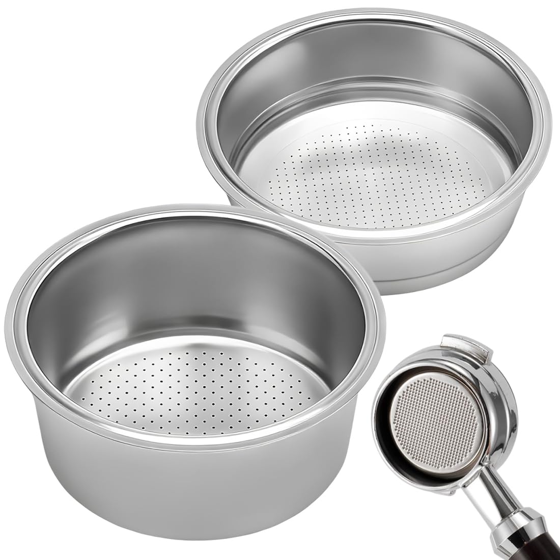 2 Pieces Coffee Filter, Stainless Steel, Reusable, 1 and 2 Cups, Double Layer Pressurized Basket, Compatible with Filter Holders (51 mm)