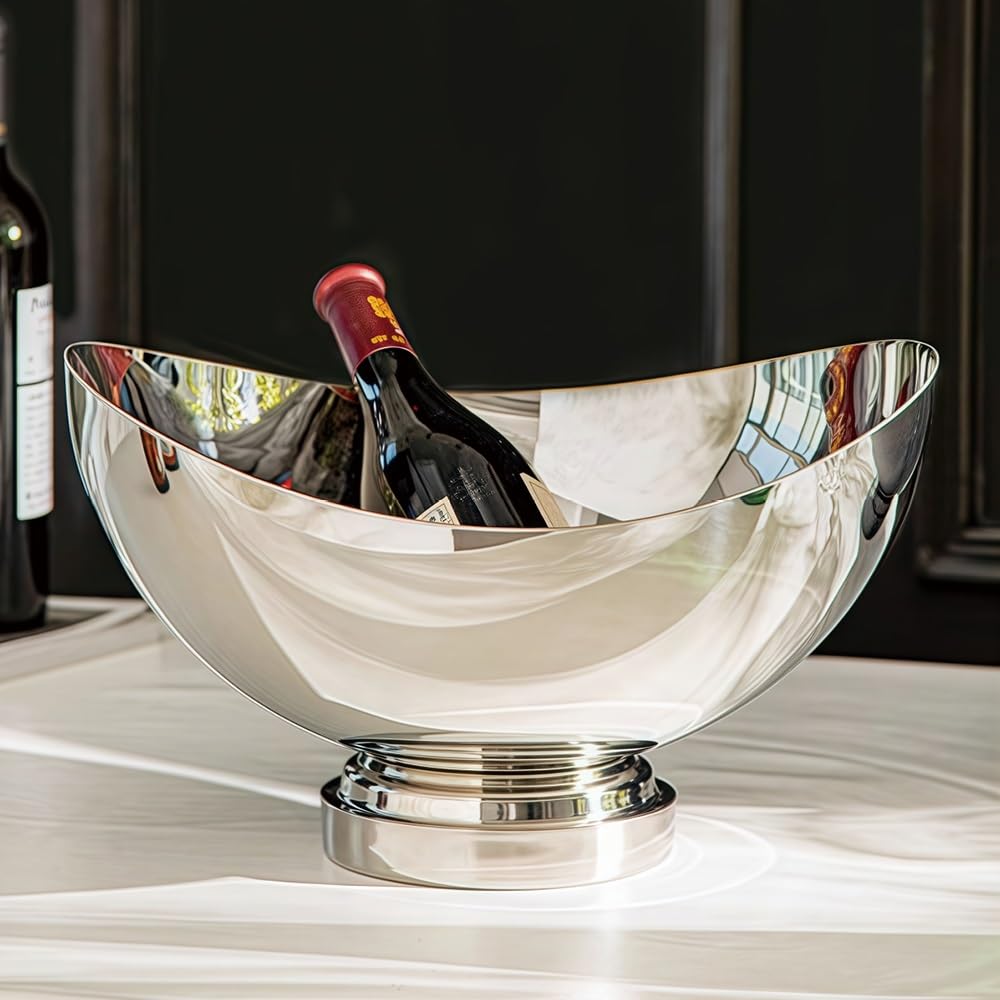 Grande secchiello per champagne in acciaio inox, per vino, birra, bevande, ciotola moderna con base a piedistallo per feste, bar, barbecue, matrimoni, uso ristorante (argento)