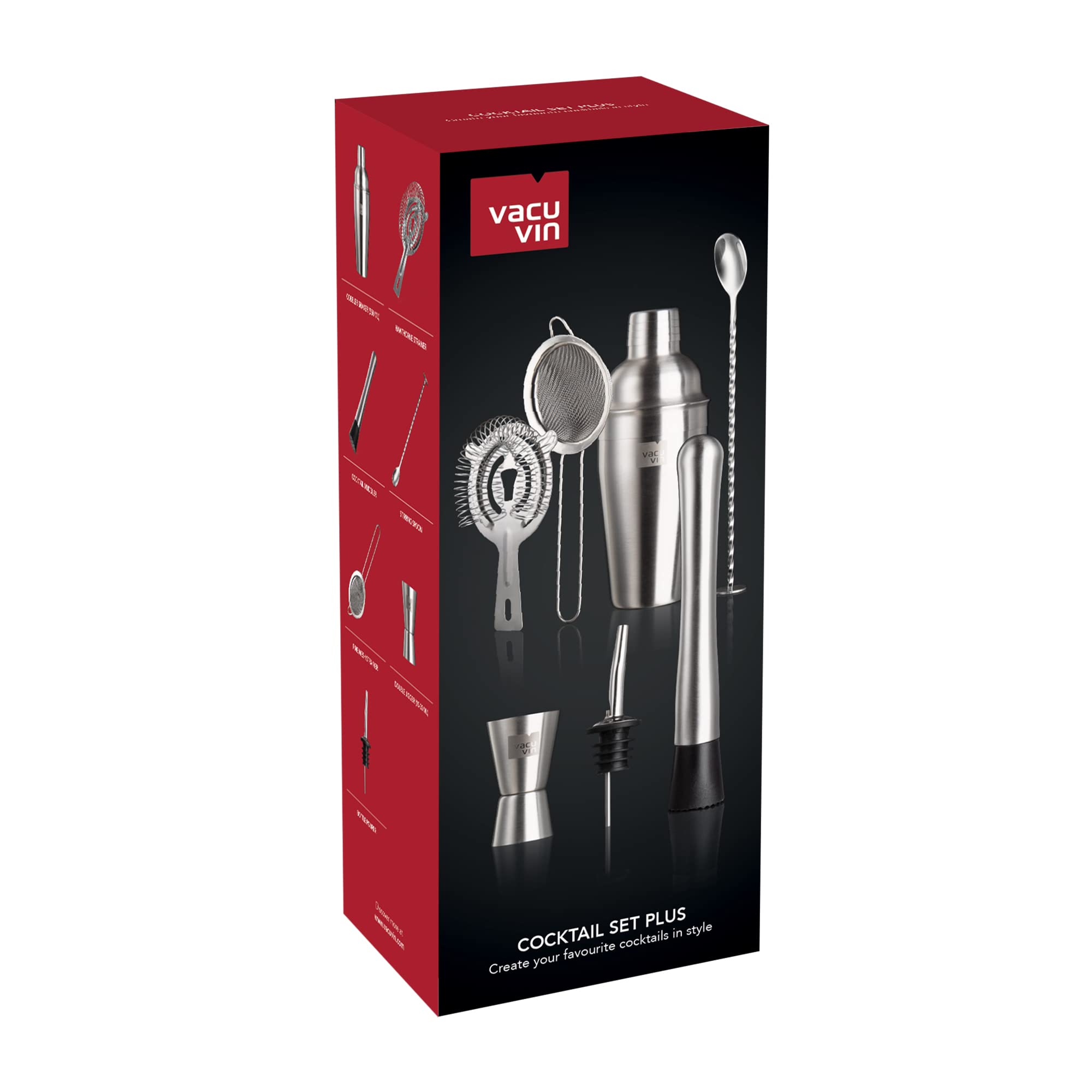 Vacu Vin Cocktail Set Plus - 7 Strumenti Essenziali per Mescolare e Servire Cocktail - Lavabile in Lavastoviglie - Shaker, Doppio Jigger, Pestello, Colino Hawthorne