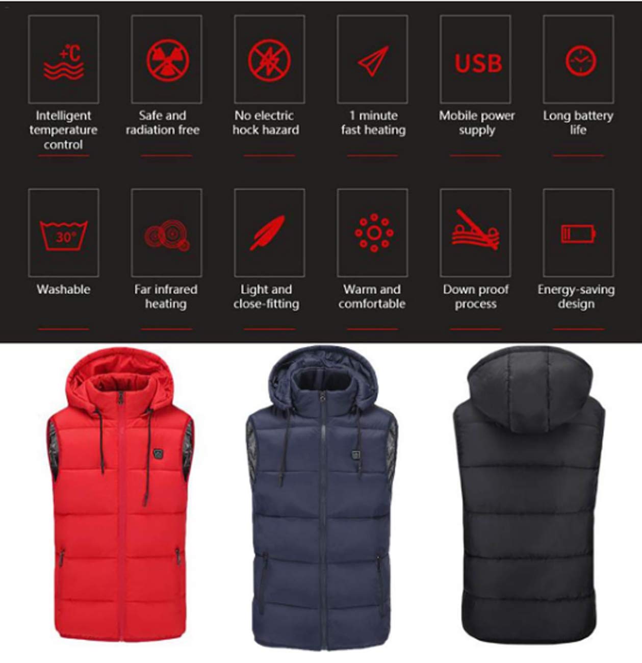 Unisex Elettrico Riscaldato Gilet Lavabile Leggero USB Ricarica Gilet Giacca Inverno Caldo Vestiti per Sci All'aperto Escursionismo Caccia Moto Campeggio, Nero , M