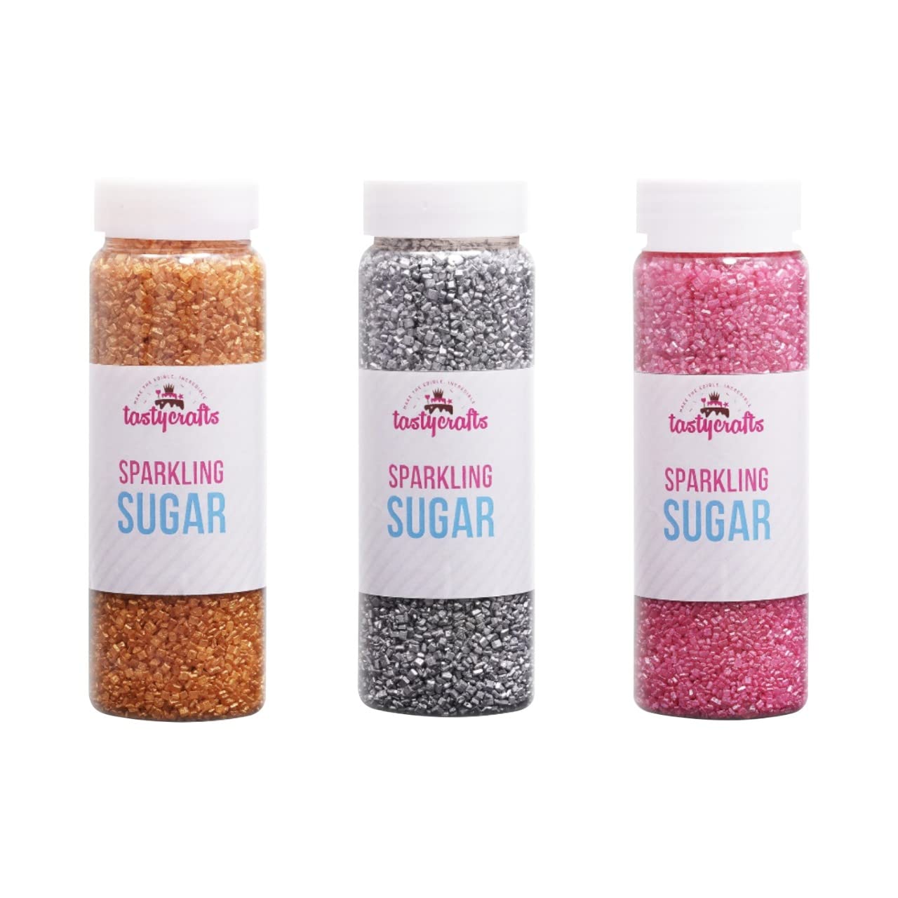 Encrust Ventures Tastycrafts Sparkling Sugar, Edible Sprinkle Decorations, Coloured Sugar Confectionery, Combo of Golden, Silver & Pink (Pack of 3)