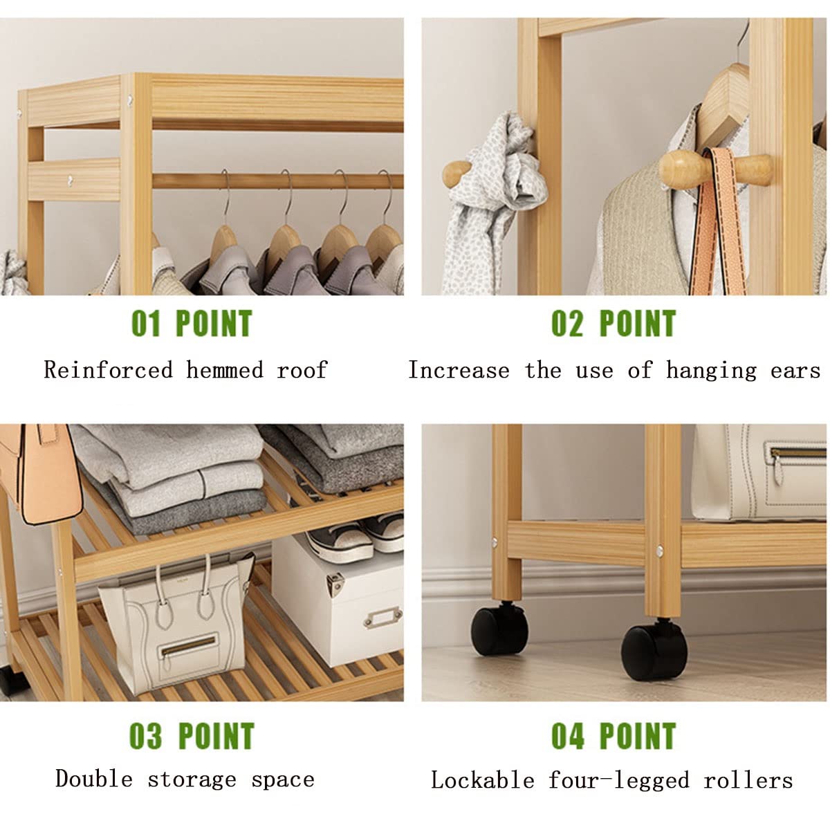 Appendiabiti con 2 Ripiani, con Ruote, Organizer per Cappotti, per Ingresso, Camera da Letto, Angolo, Salvaspazio - Legno di bambù,Wood Color-100Cm