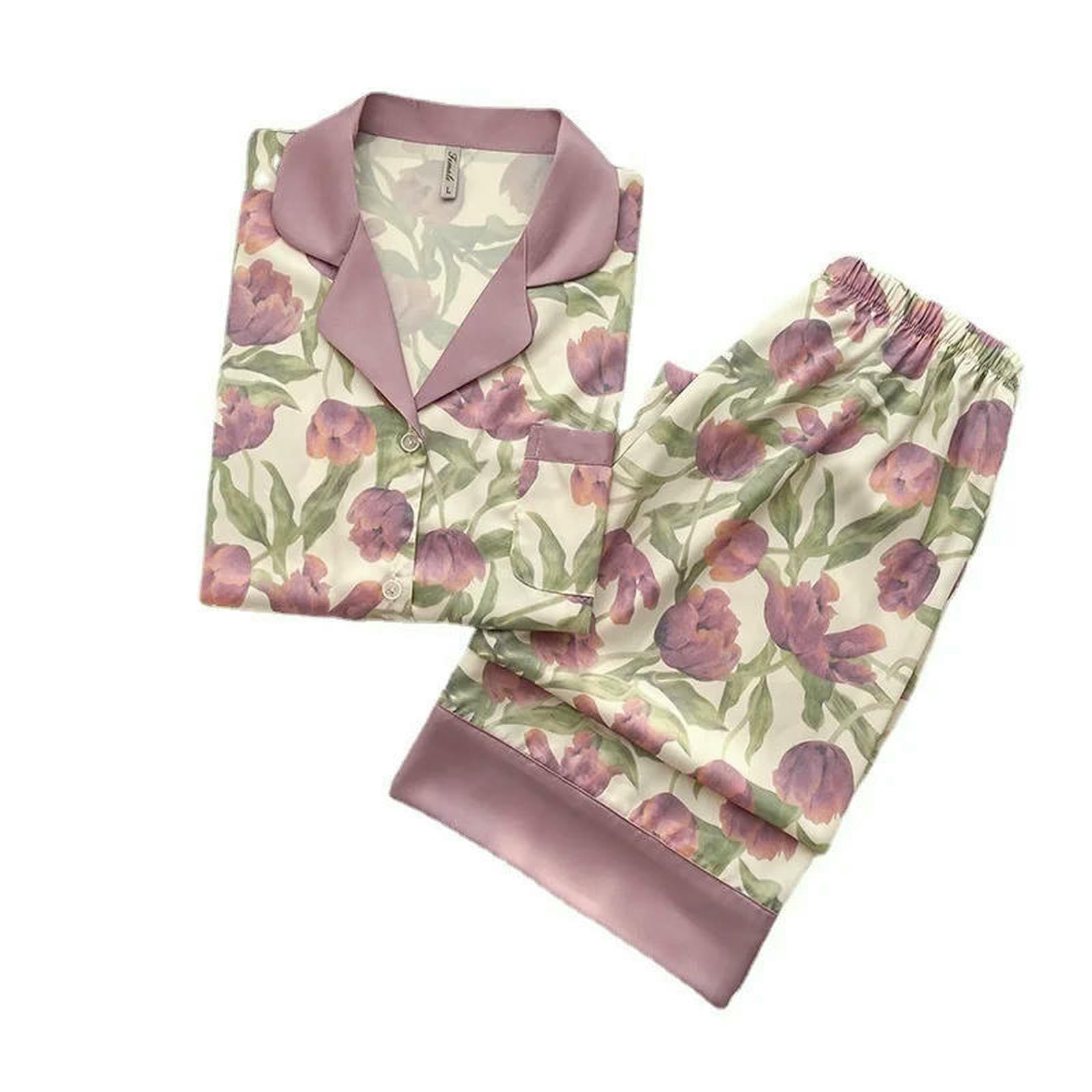 Pigiama con Stampa Tulipano Casual Dolce da Donna Set Abiti A Maniche Lunghe Primaverili E Autunnali Che Possono Essere Indossati Indumenti Notte-Manica Corta-m