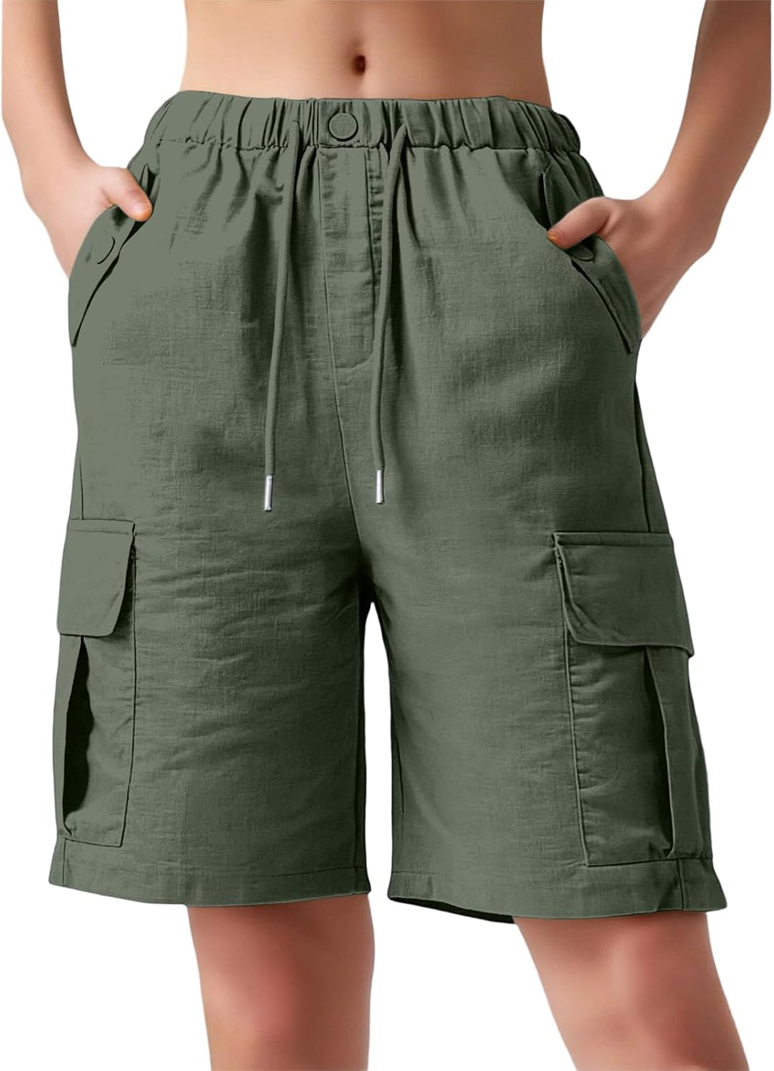 hamovessi Baggy Cargo Shorts Women Drawstring High Waisted Wide Leg Linen Shorts Y2k Knee Length Bermuda Shorts with Pockets