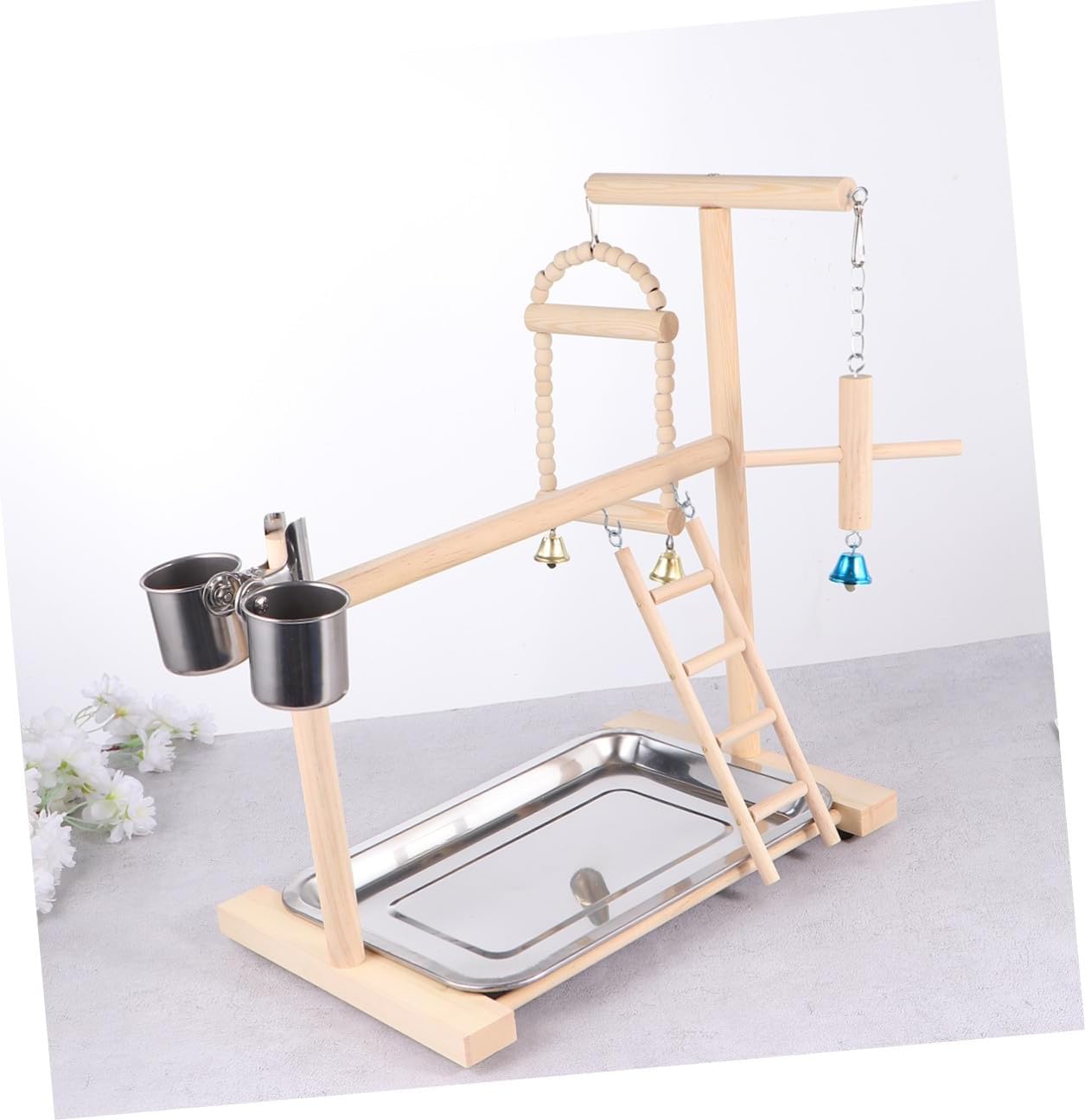 SUPVOX Wooden Parrot Stand with Hanging Swing, Natural Bird Stand for Parrots and Conures, Multi-Functional Bird Playground Accessory for Cage Or Play Area Random Color