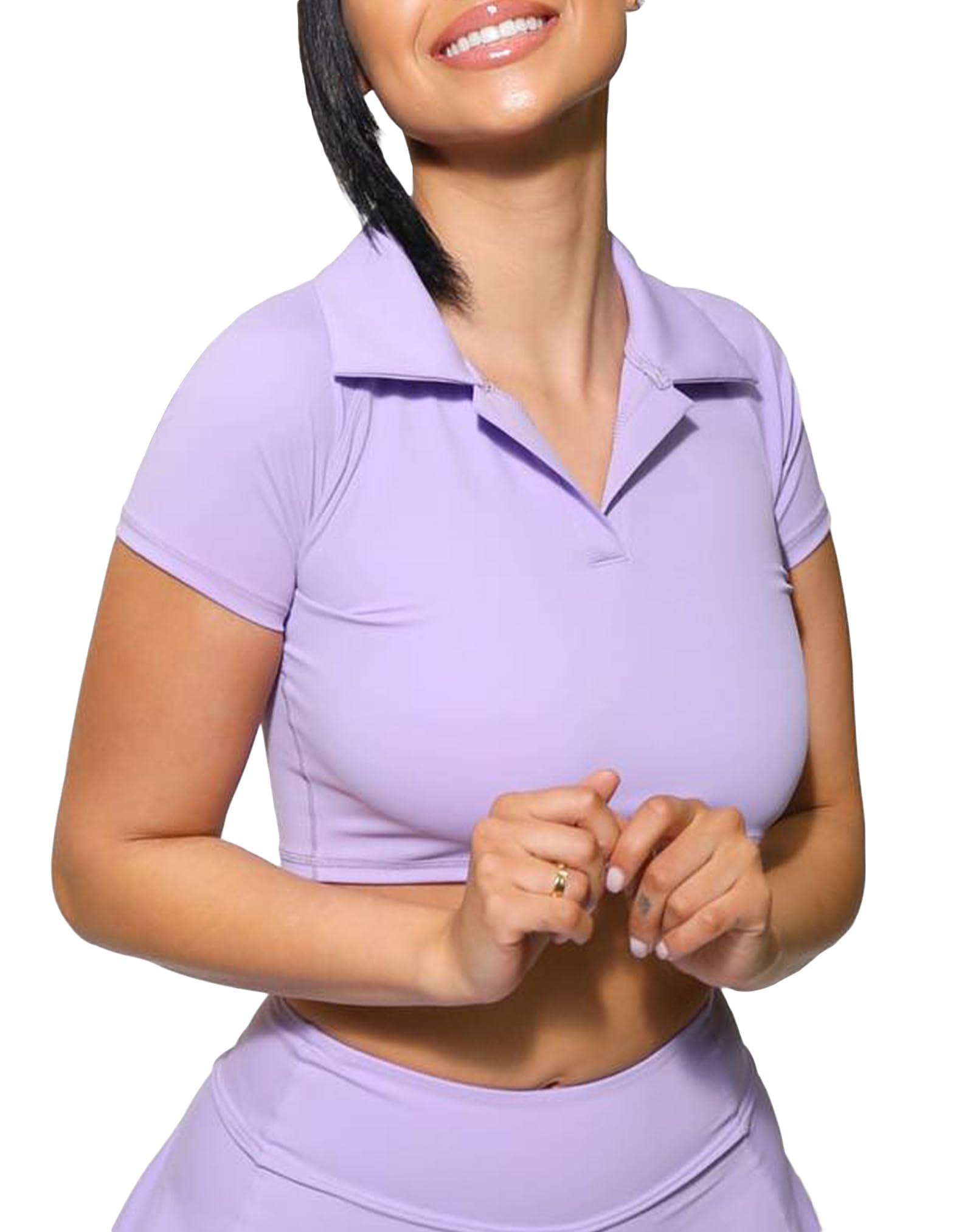 DaiLiWei Cropped Polo Shirts for Women Golf Collared Crop Tops Short Sleeve Workout Tennis T-Shirt V Neck Sports Active Tees - Small - Purple