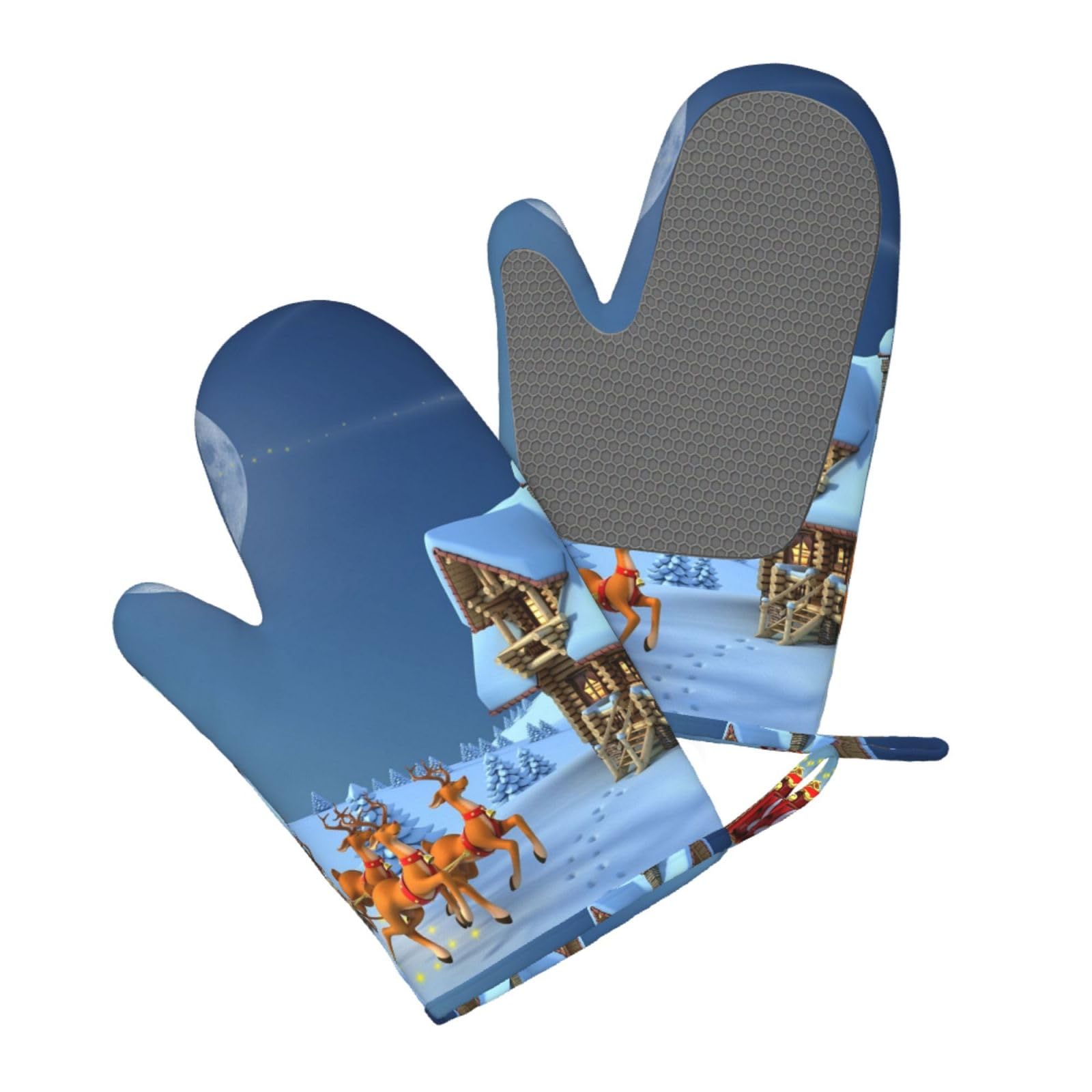 Aqrjlpo Women's Santa Claus With Deer Silicone Oven Mitts Set 2Pcs, Printed Heat Resistant Non-Slip Silicone Oven Gloves For Kitchen Cooking Baking Microwave