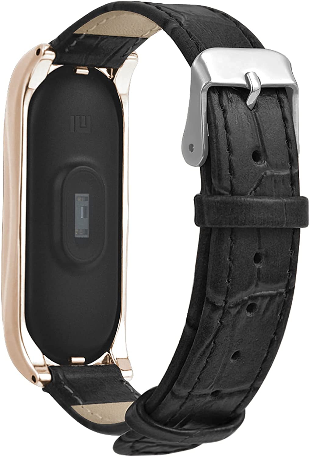 KangPlus Wrist Strap Compatible with Xiaomi Mi Band 6/Mi Band 5 Bracelet,Classical Leather Replacement Wrist Strap Adjustable 7.8 - 9.4 inch with Metal Frame - Black+Gold
