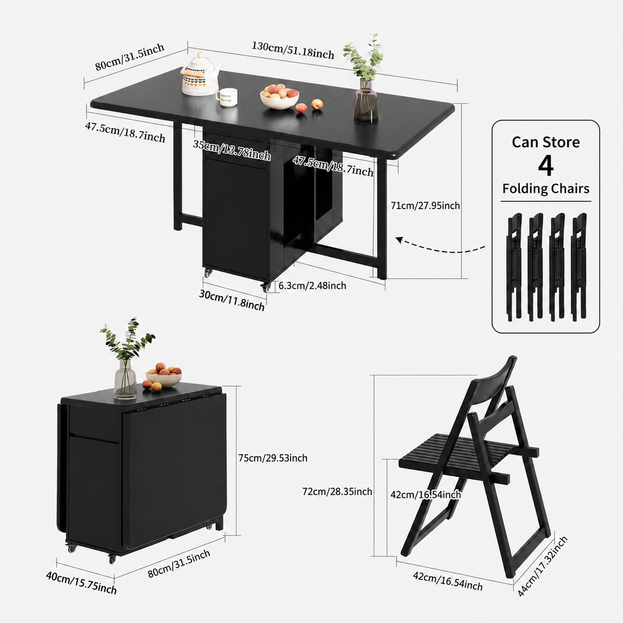 Set di tavolo e sedie pieghevoli in legno massello per 8 persone con contenitore, design elegante, salvaspazio, perfetto per sale da pranzo e cucine