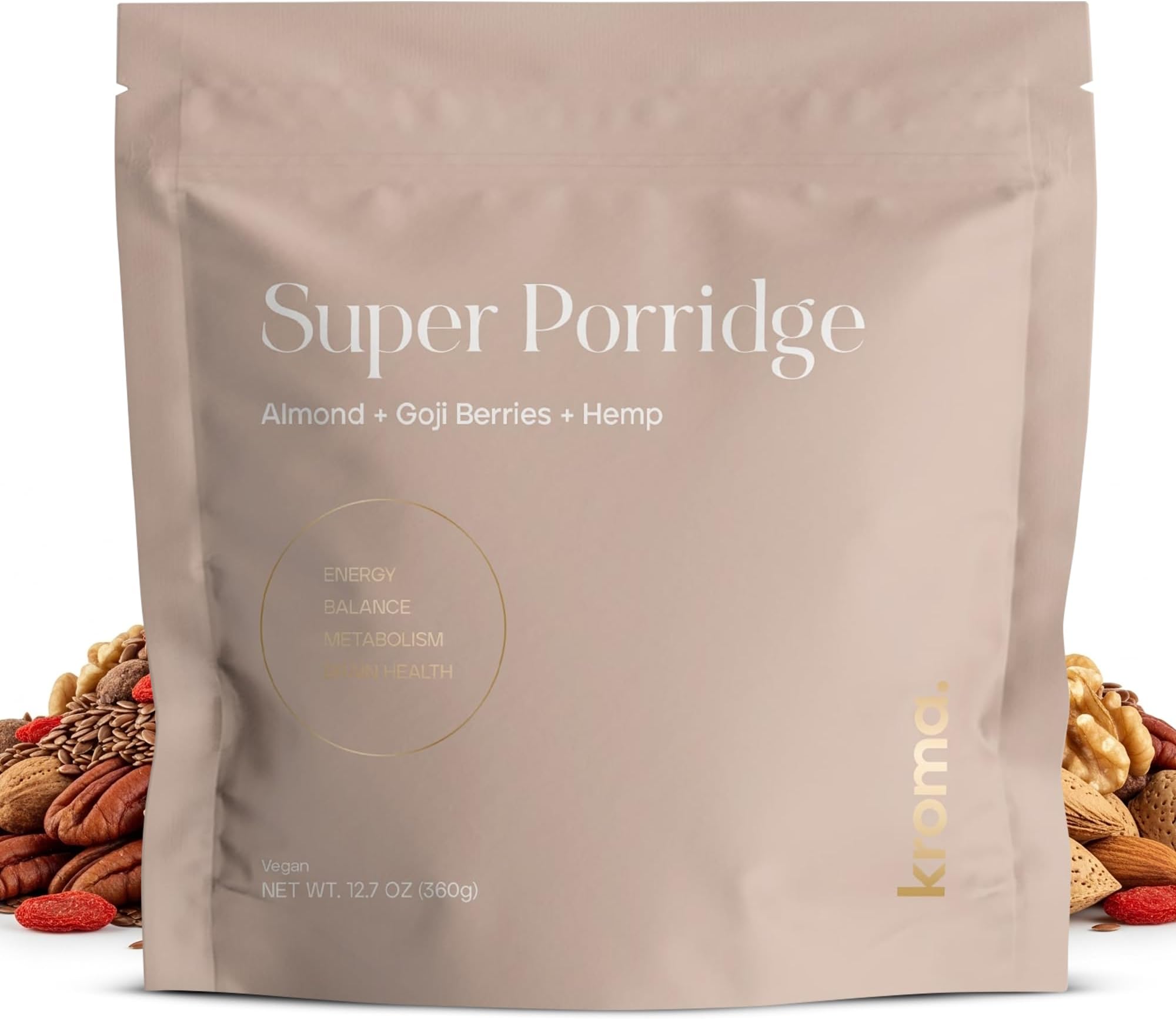 Kroma Super Porridge, 9 Servings, Gluten Free, Chocho Plant Protein, Vegan Superfood Breakfast Cereal with Hemp Seeds, Cinnamon, Oats, Coconut, Healthy Fiber, and Other Organic Ingredients, 9 Servings