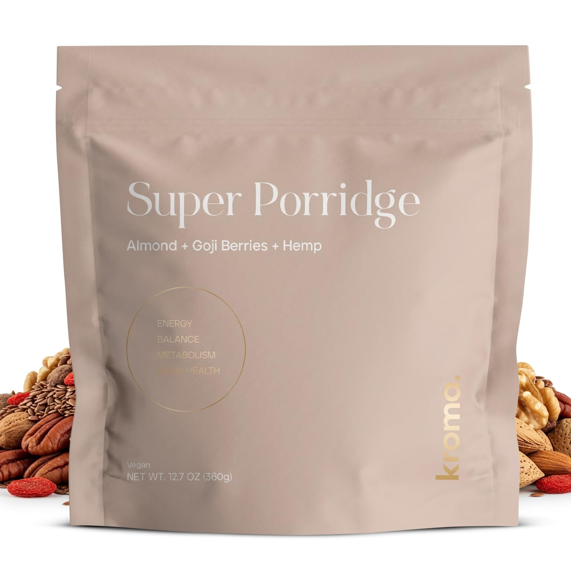 Kroma Super Porridge, 9 Servings, Gluten Free, Chocho Plant Protein, Vegan Superfood Breakfast Cereal with Hemp Seeds, Cinnamon, Oats, Coconut, Healthy Fiber, and Other Organic Ingredients, 9 Servings