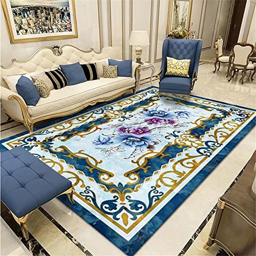 Tapis rectangulaire intérieur bleu aux finitions soignées
