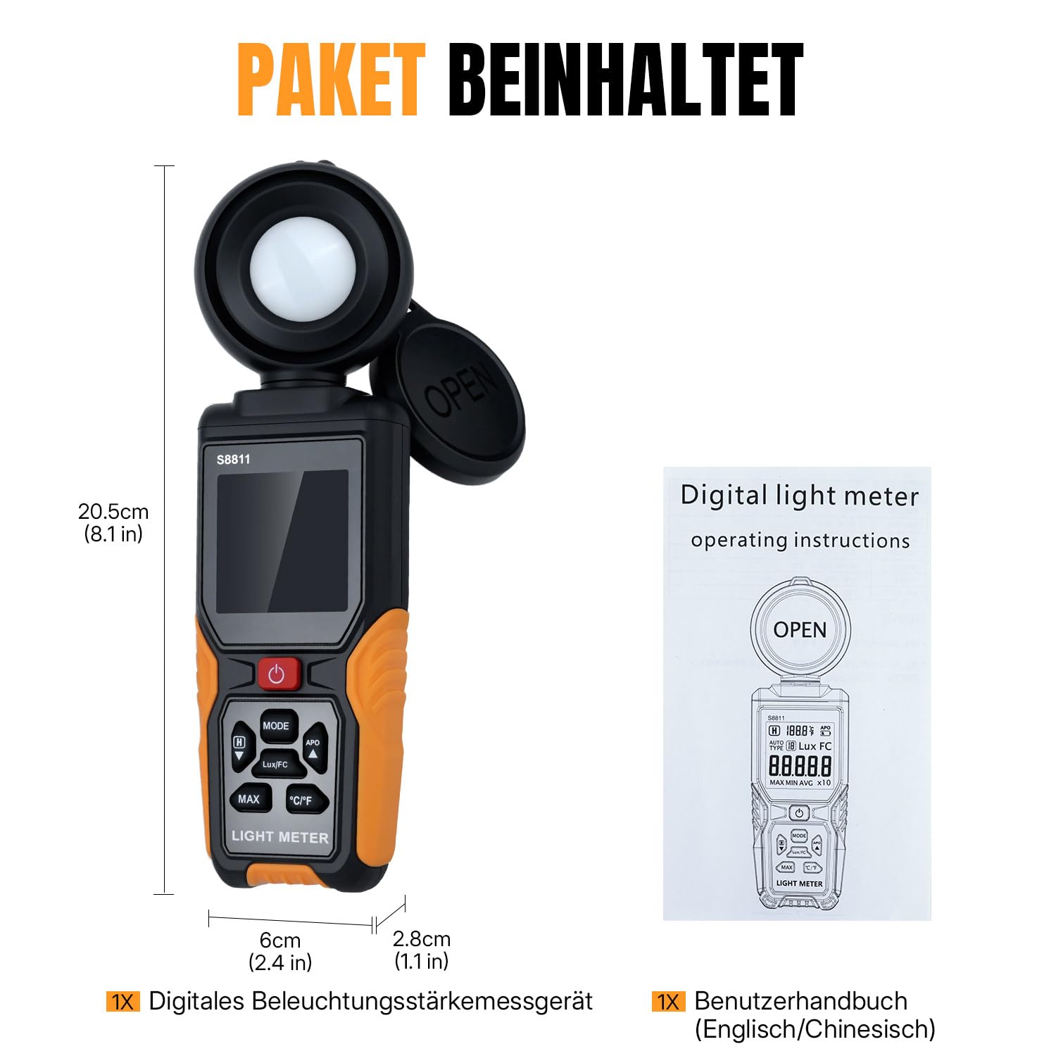 Mcbazel Digitales Luxmeter, Hochpräziser Belichtungsmesser Tragbare Photometer 200.000 Lux/FC mit 270° Sensor, HD-Farbdisplay & Umgebungstemperatur für Pflanzen, Fotografie & Innenräume