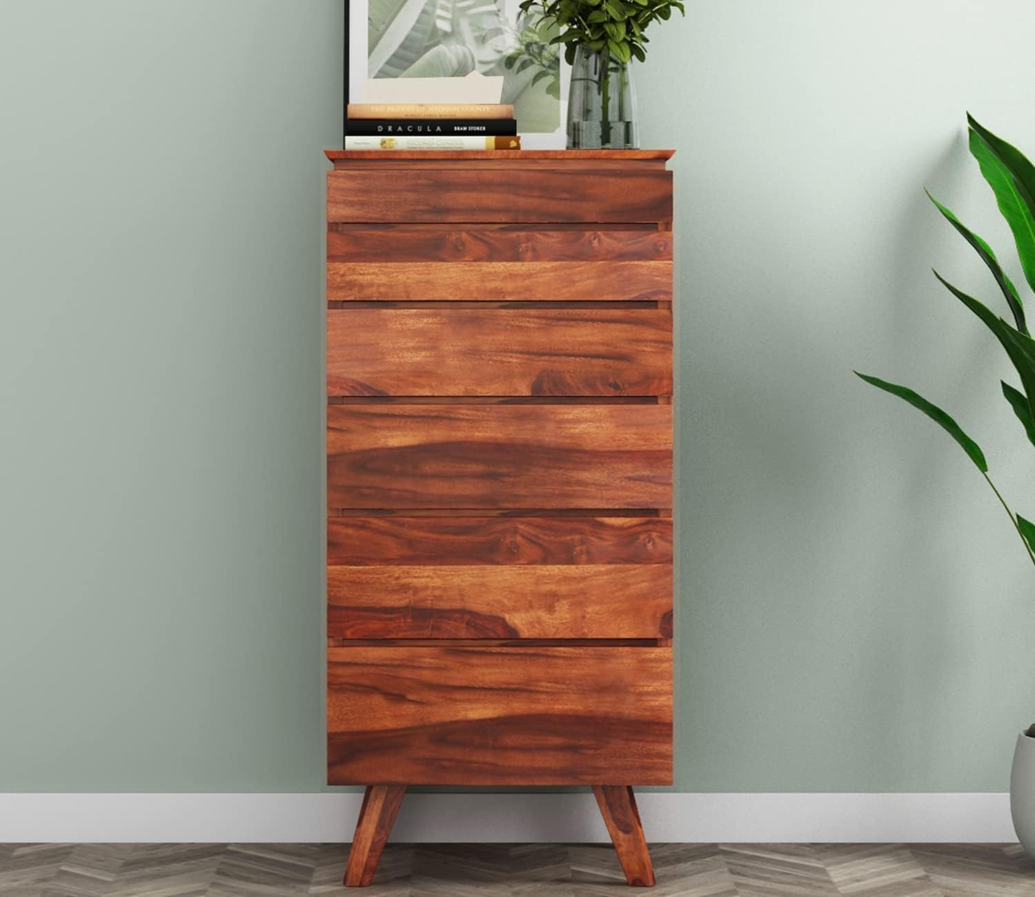 Solid Wood 6 Drawer Chest, Mid-Century Modern Style, Natural Brown Finish, 42x20x18 Inch Tall Dresser with Angled Legs