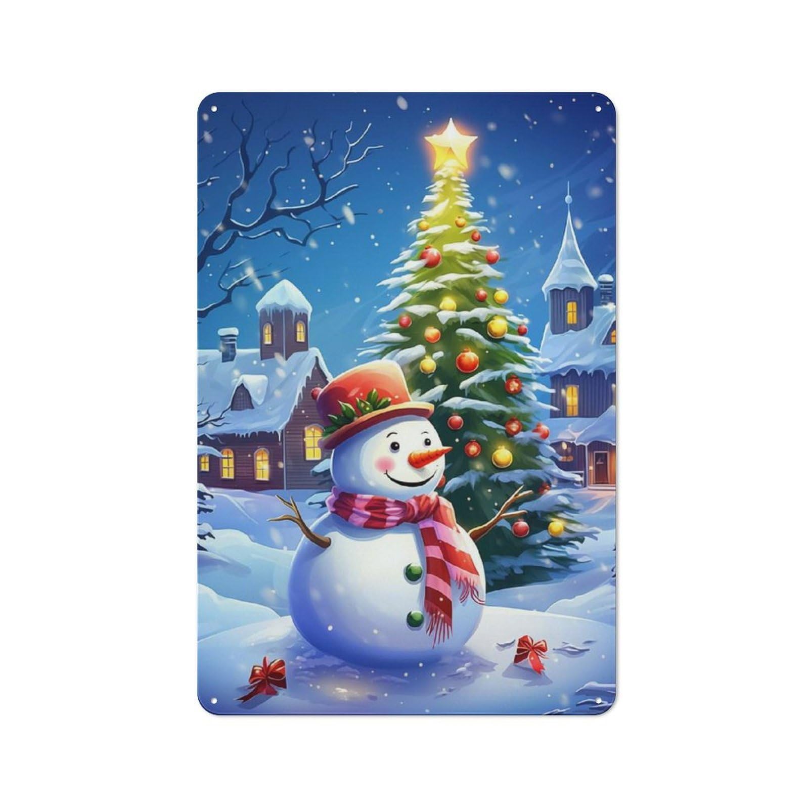 Junmoney Snowman Christmas Scene Tin Sign 30X20cm For Café Or Home Bar, Retro Wall Decor, For Garage, Workshop And Man Cave Decoration