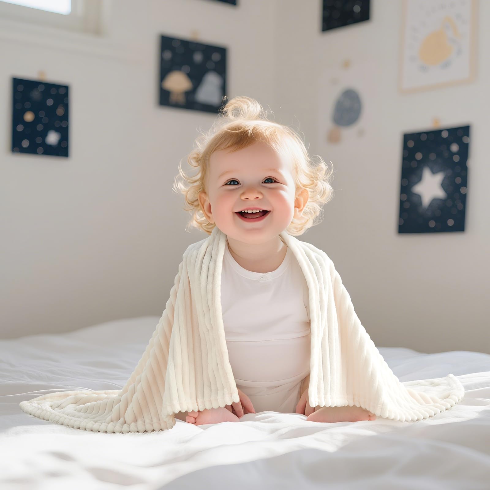 Soft Fleece Baby Blanket Ultra Cozy Baby Blankets for Boys Girls Warm and Lightweight Infant Toddler Newborn Receiving Gift with Reversible Stripes for Crib Stroller, 30x40 Inch, Cream