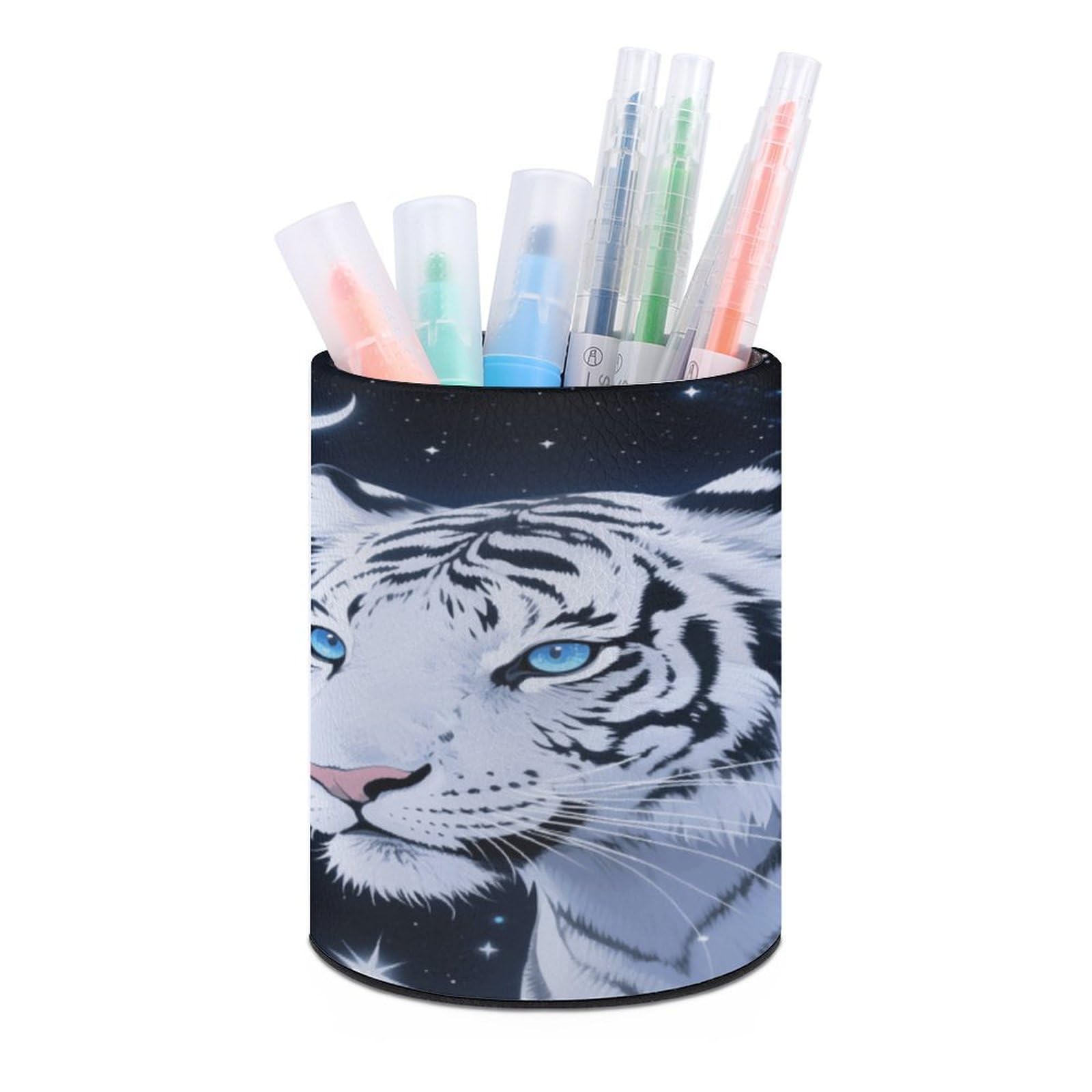 VstaDank Tiger And Moon Pen Holder PU Leather Pencil Cup Minimalist Desk Pencil Holder Round Make Up Brush Organizers For Office Dorm Room&Vanity Desk Accessories