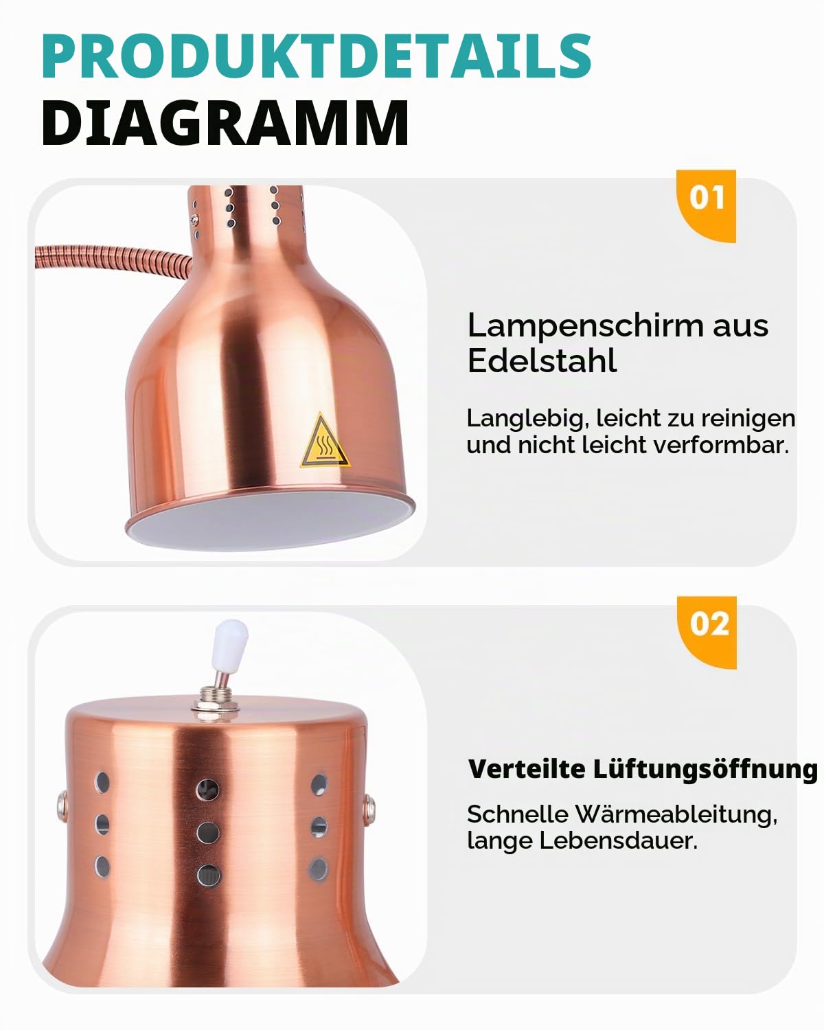 YJINGRUI Zweiflammige Wärmelampe Küche 500W, 70cm Verstellbarer Flexarm