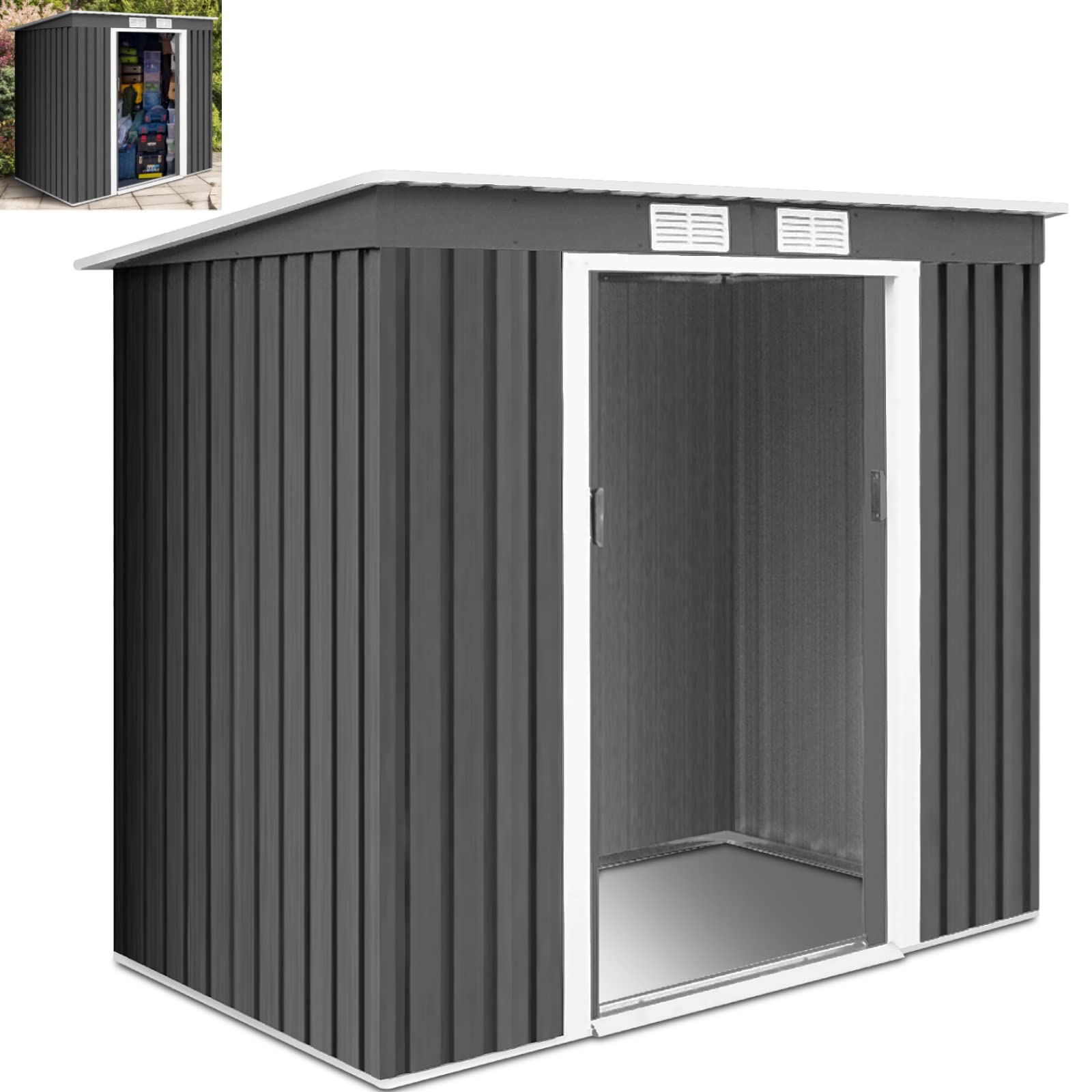 GiantexUK 7x4FT/9x6FT/9x8FT/11x8FT Metal Garden Shed, Outdoor Galvanized Storage House with 2/4 Vents & Lockable Sliding Doors, Slope Roof Utility Shed Building (7x4FT, 2 Vents)