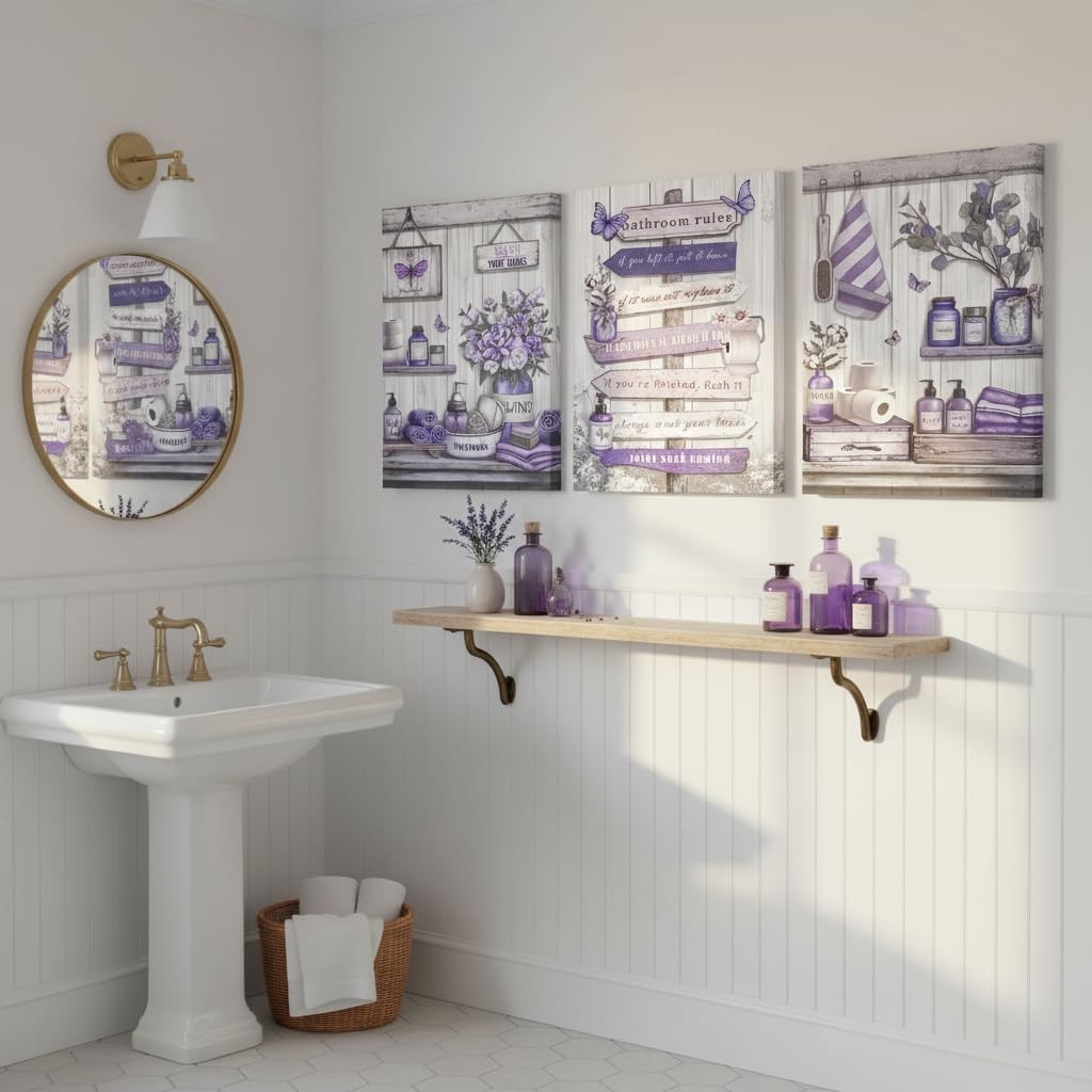 OuElegent Purple Bathroom Wall Art Farmhouse Wall Decor Canvas Rustic Bathroom Rules Paintings Purple Pictures for Washroom Wall Decor Framed（12''x16''x3