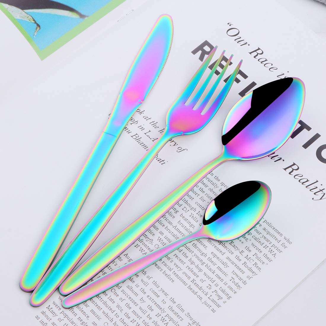 BuyGo Besteck-Set für 8 Personen, Edelstahl, mehrfarbig, Camping-Besteck-Set, handpoliert, spülmaschinenfest, 32-teilig