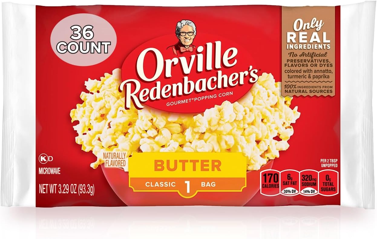 Orville Redenbacher’s Microwave Popcorn, Butter Flavor, 3g Fiber Per Serving, 3.29 oz., 36-Count