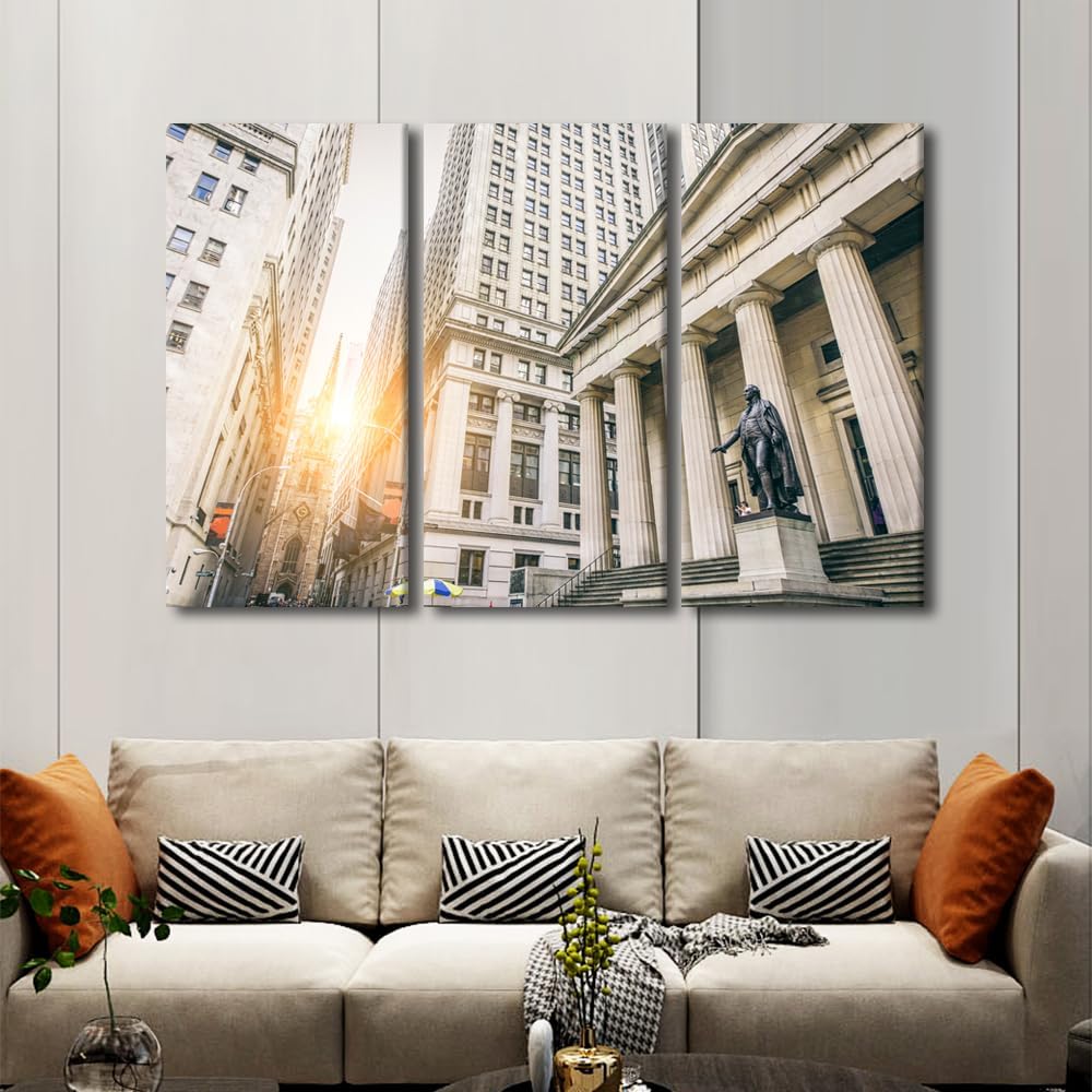 TUMOVO New York Stock Exchange Entrance Pictures for Living Room Wall Decoration Large Wall Art 3 Piece Wall Art Home Artwork Wall Decor Canvas Frame Wall Hanging Decor Posters, 60x40 Inches