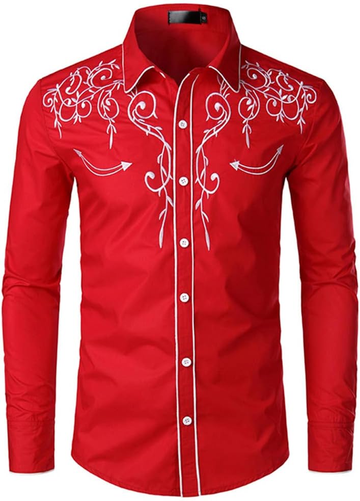 Men's Casual Denim Shirts Long Sleeve Dress Embroidery Slim Fit Western Cowboy Shirt Printed Shirt Patterned Vintage Flower Shirt Print Holiday Style Regular Fancy Tops T-Shirts Clothes