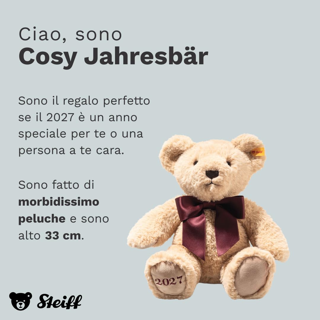 Steiff Peluche Orso dell’Anno Cosy 2027, dolce animale di stoffa per bambini, ragazzi e ragazze, Friends, pupazzo di 33 cm, beige, 114120