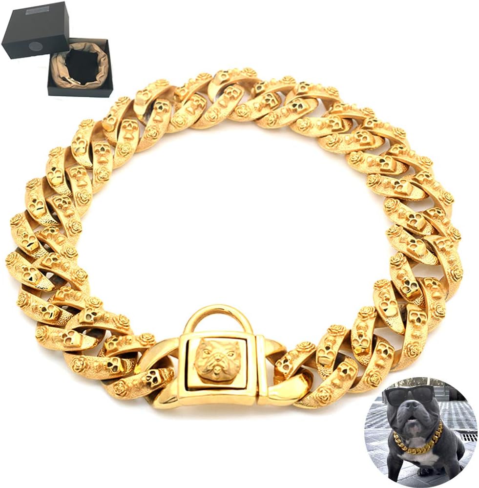 Huitao Gold Chain Dog Collar Stainless Steel Necklace Choke American Bully Pit Bull Terrier Dog (22 inch)