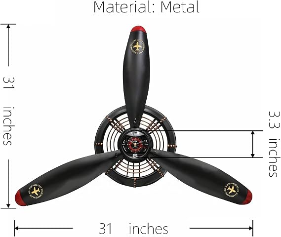 YOUKI Vintage Airplane Propeller Wall Decor,Propeller Wall Sculptures,Battery Operated,Pilot Gifts,Wall Clocks for Kitchen,Bedroom,Living Room,Kitchen,Bathroom,Metal,Black