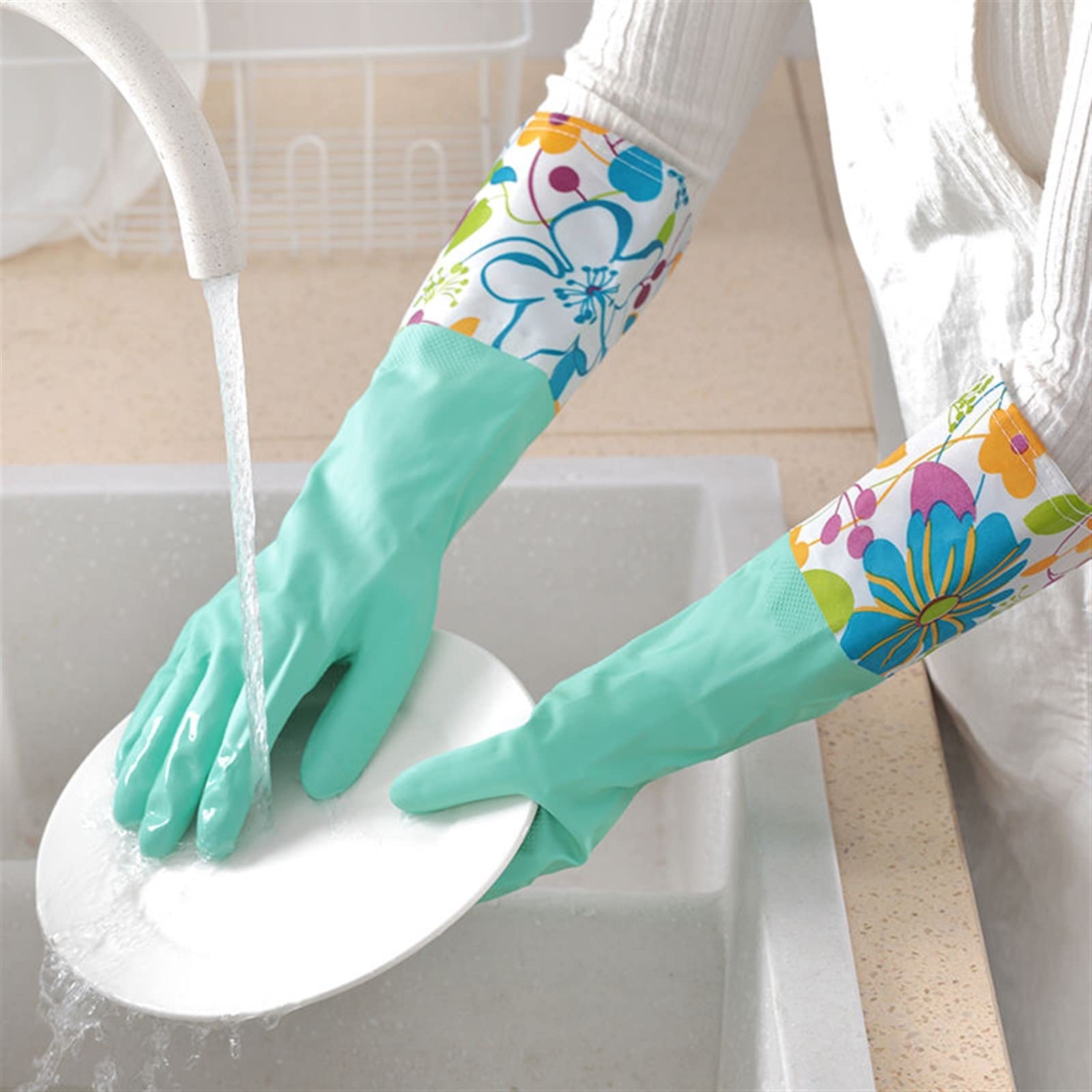 Guantes domésticos de lavado de caucho impermeable Dishwashing Gloves Rubber Plastic Household Cleaning Kitchen Durable Waterproof Latex(Rosso)