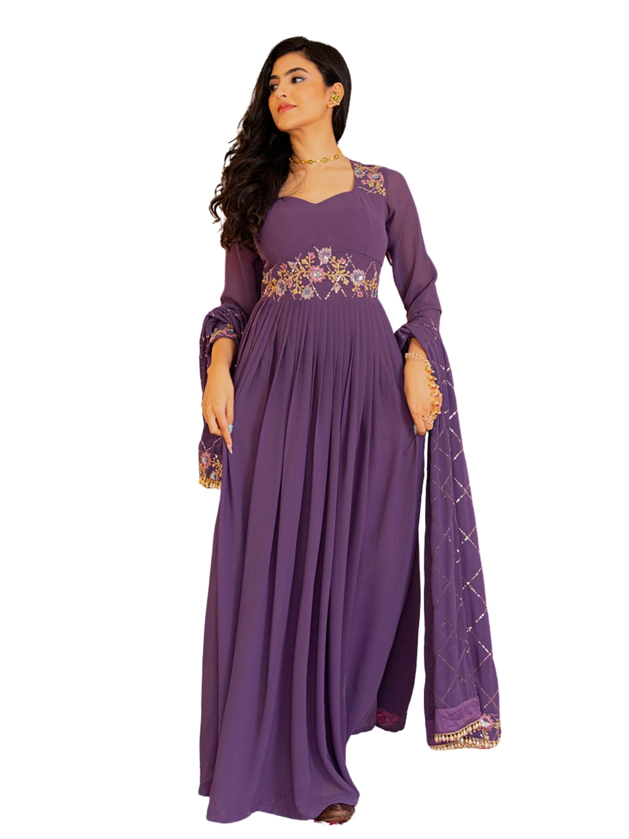 Elegant Purple Georgette Embroidered Gown with Zari and Sequin Detailing-image-3