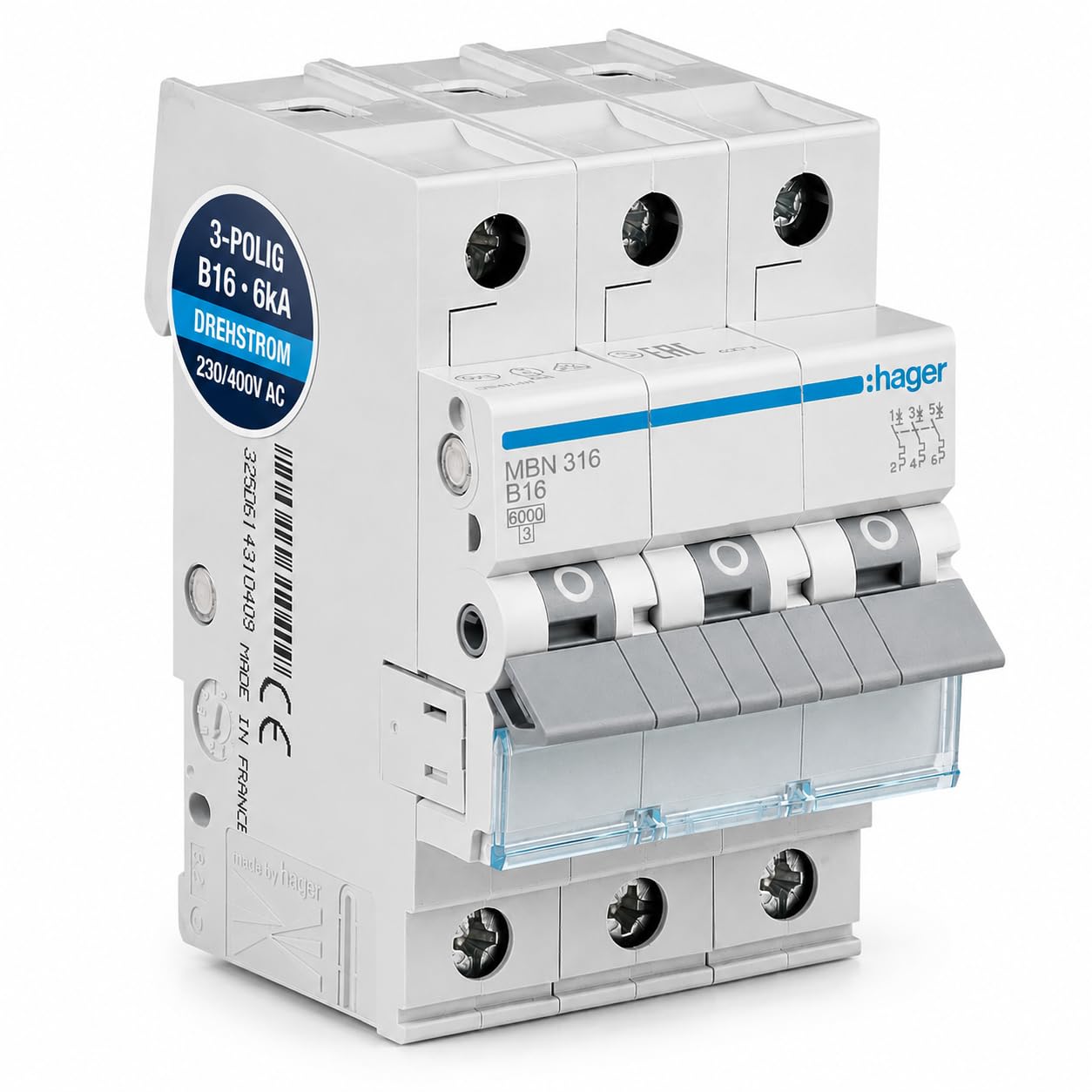 Hager Leitungsschutzschalter MBN316 3-polig B16A 6kA, LS-Schalter mit biconnect Klemmsystem, Sicherungsautomat für Drehstrom 230/400V, DIN-Schiene, 3 Module, Schutzschalter